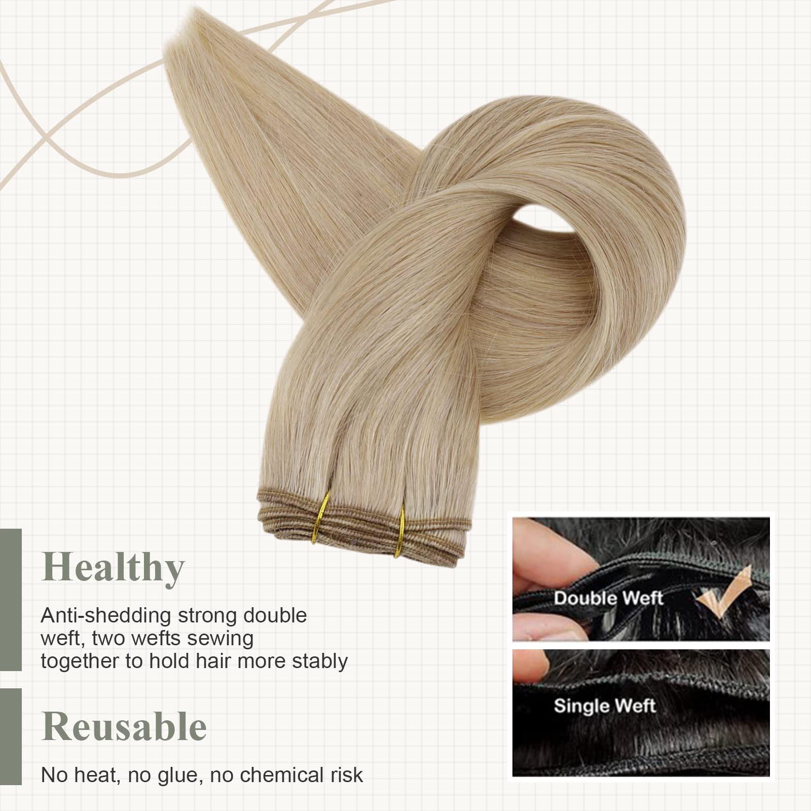 Fshine Extension Capelli Tessitura Biondo Cenere Scuro Con Highlighted Del Biondo Dorato Extension Capelli Cucitura 100g 35CM Human Hair Bundles Lisci Matassa Extension Capelli Veri #16P22