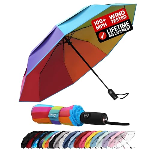 Windproof Travel Umbrella - Compact & Withstands Winds up to 100MPH, Strongest Premium Auto Folding Umbrella for Rain and Sun - Durable, Light & Portable for Women & Men, Fits Backpack & Cars