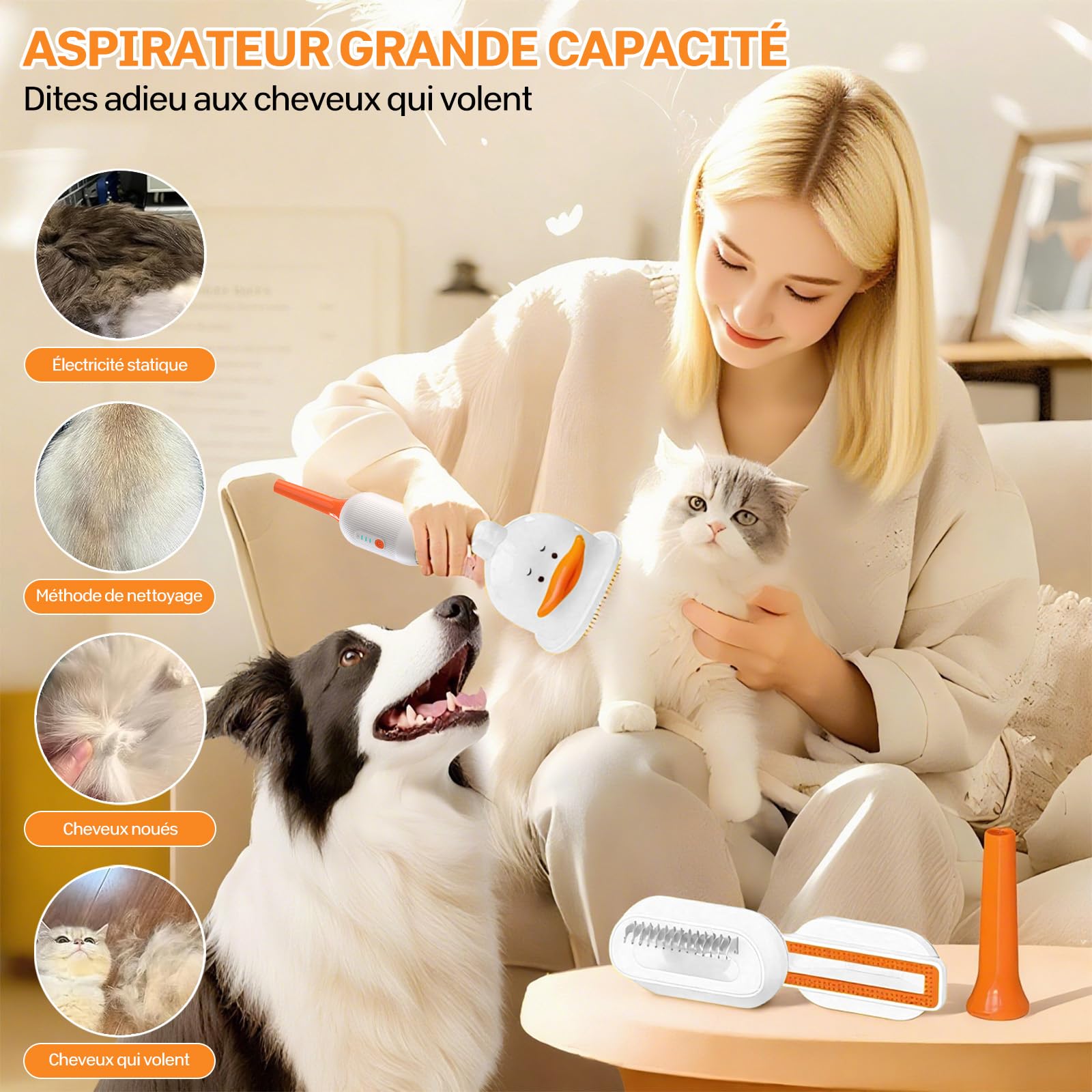 Kit aspirateur de toilettage pour chat avec brosse, tondeuse silencieuse et soin du pelage pour chats domestiques, aspirateur 4 en 1 pour chatons à poils longs ou courts