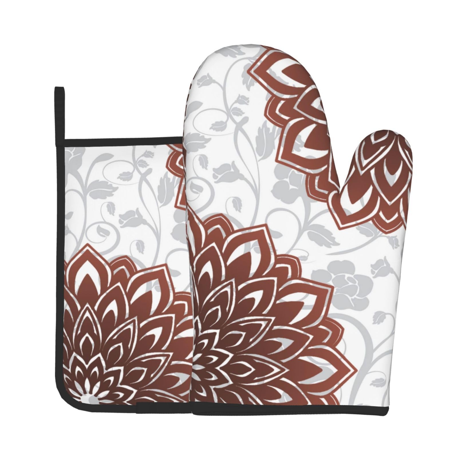 Dahlia Floral Oven Mitts and Pot Holders Sets - Grey Red Kitchen Mitts Potholders 2 Pack Heat Resistant Farmhouse Flower Oven Gloves Hot Pads for Kitchen Baking Grilling Party