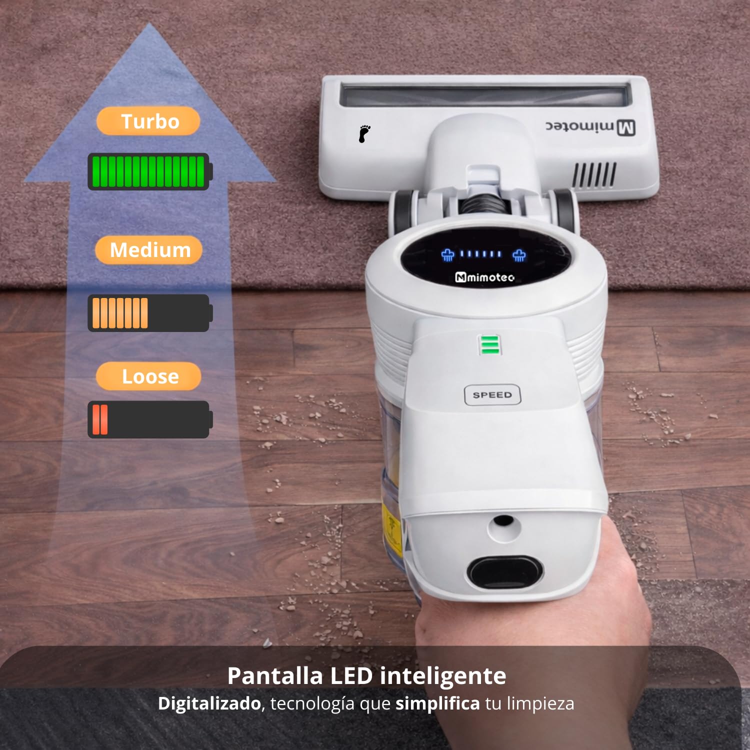 M mimotec - Bezprzewodowy odkurzacz pionowy ProNext 25,9 V (litowy), 315 W, przednie światło LED, bez worka, zbiornik 0,9 l, autonomia do 70 min, cichy <72 Db, w zestawie ładowarka i filtr