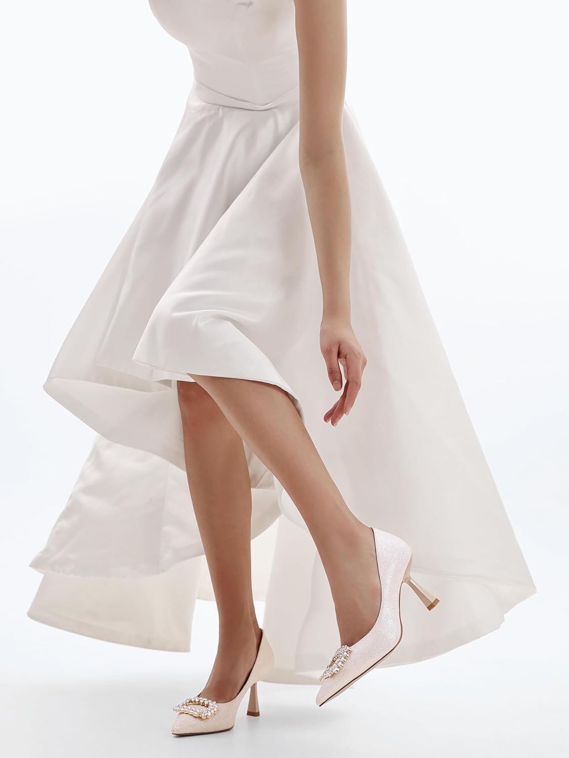 Slingback Wedding Heels for Women Bridal Lace Mesh Kitten Heel Closed Pointed Toe Pearl Pumps Shoes - Image 3