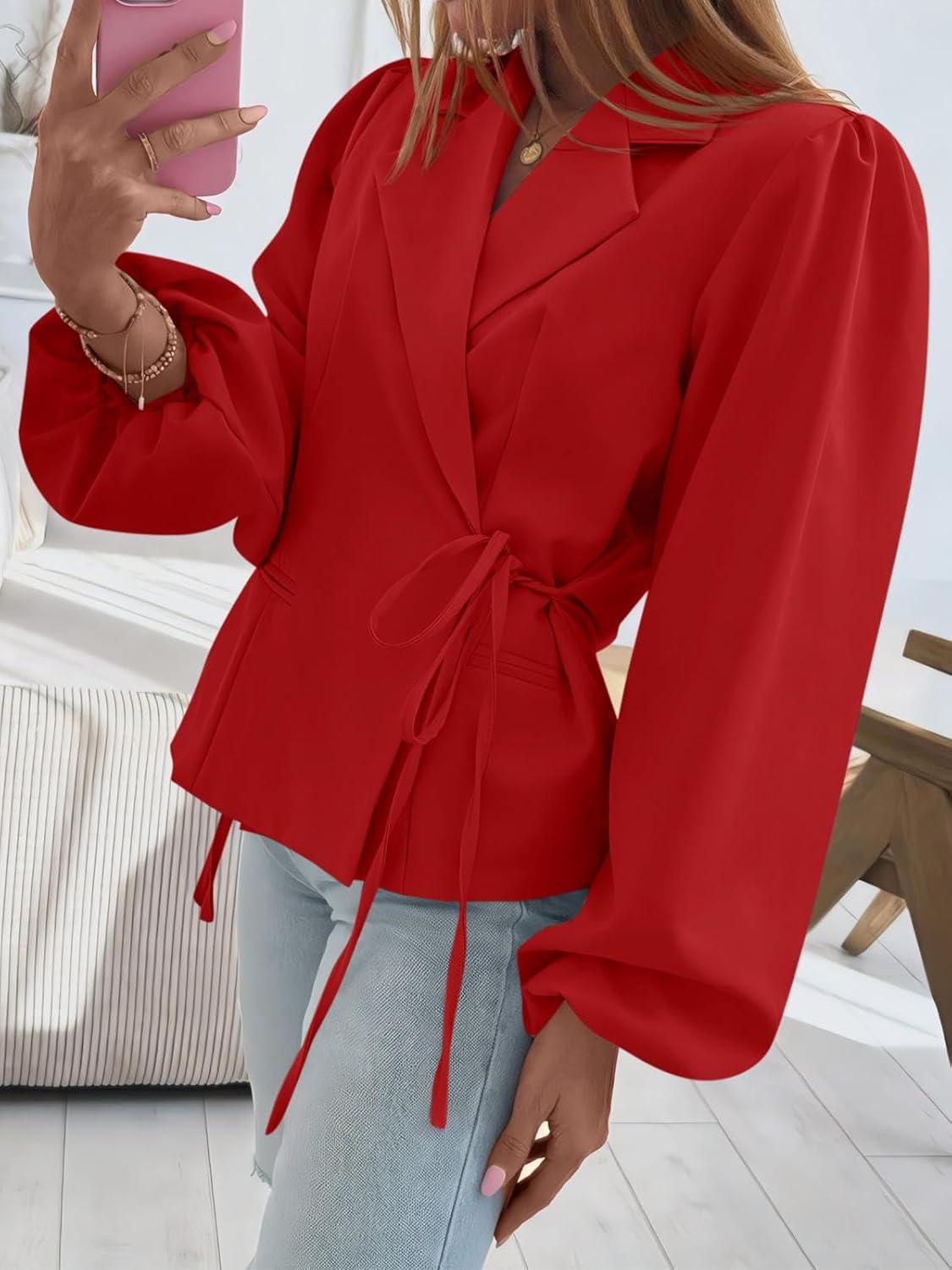 Cicy Bell Womens Puff Long Sleeve Blazers V Neck Wrap Cropped Trench Coat Work Office Dressy Casual Suit Jackets - Image 5