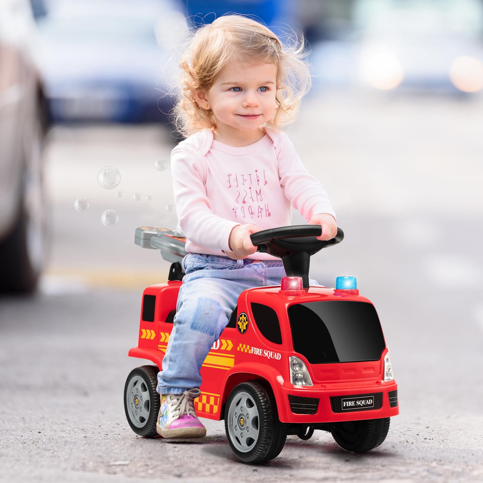 SOARS Rutschauto, Feuerwehrauto mit Seifenblasenpistole & Musik, Rutschfahrzeug mit Sirene & Warnleuchte, Kinderfahrzeug bis 20kg belastbar, für Kinder ab 1 Jahr (Stil B)