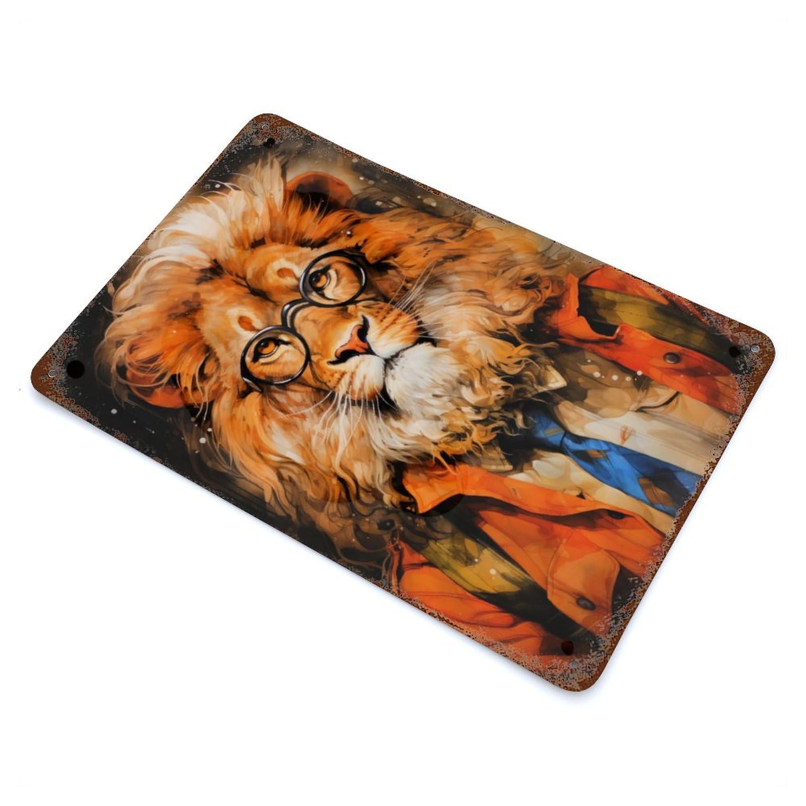 Rust Effect Animal Lion Weathered Tin Sign 11.8"x7.9", Classic Wall Plaque for Living Room, Hallway And Home Decor