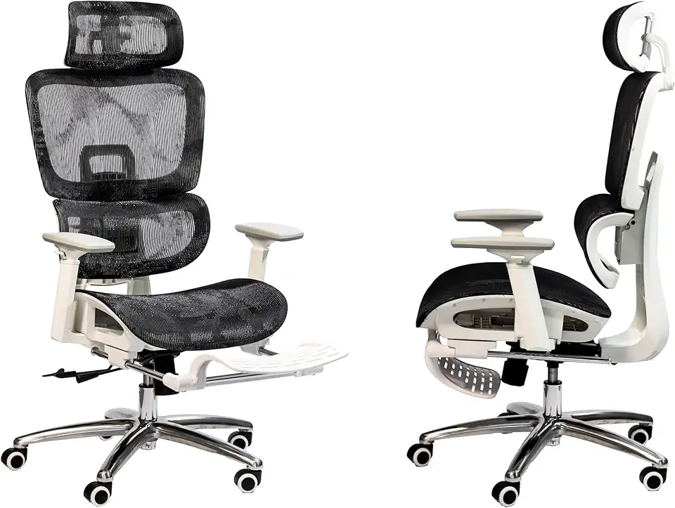 Cadeira de Escritório Ergonômica com Estofado de Mesh, Regulagem de Altura, Apoio Lombar Ajustável, Base Giratória em Aço Cromado, Braços Acolchoados, Rodízios Silenciosos - Posture Office (Branco)