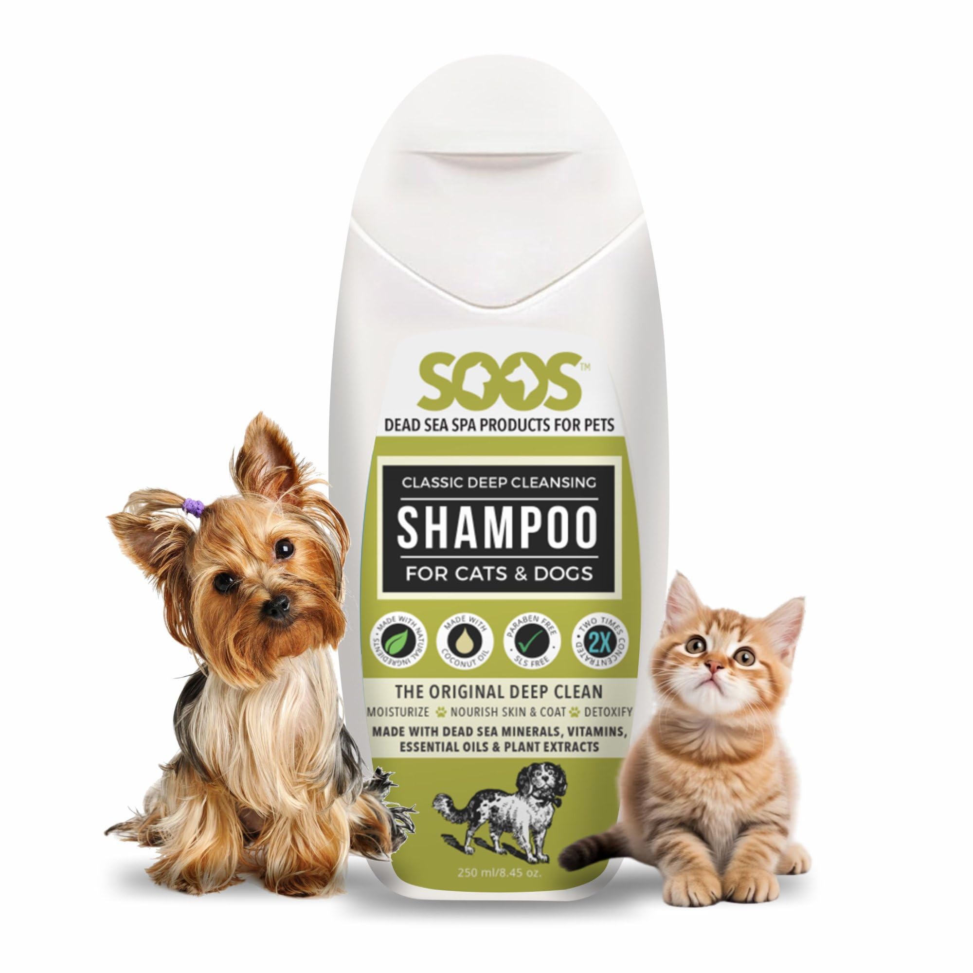 Soos Pets Dog Shampoo for Cats and Pets Natural Dead Sea Classic Deep Cleansing Fast Absorbing Coat with Vitamins Minerals Essential Oils Natural