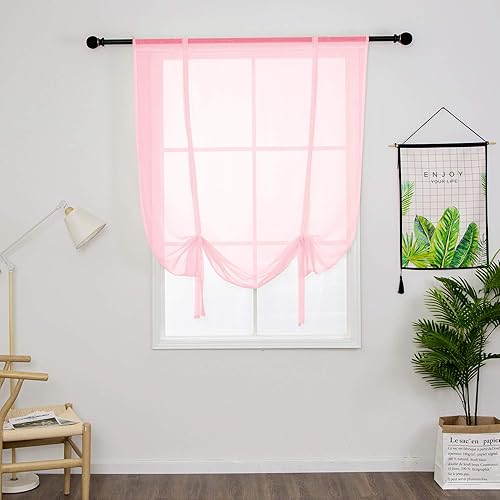 Cortinas romanas clásicas de color sólido translúcido, persianas romanas con nudo de lazo de tul y gasa vertical con bolsillo para barra, rosa, 24