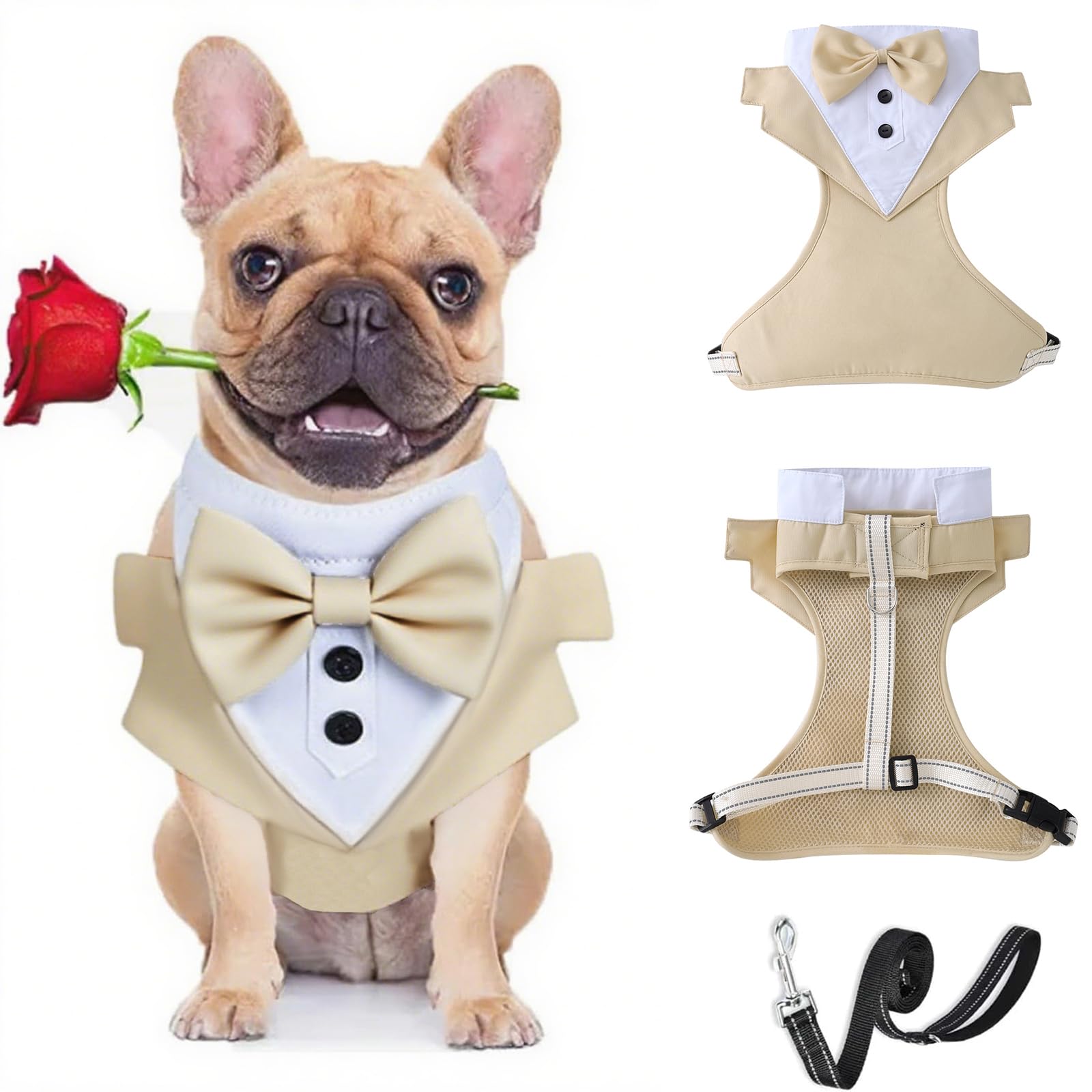 Dog Tuxedo Harness with Leash Set,Pet Wedding Chest Strap Formal Vest with Bow,Adjustable Pet Tailcoat Vest Harness for Puppy Small Medium Dog_L(Beige)