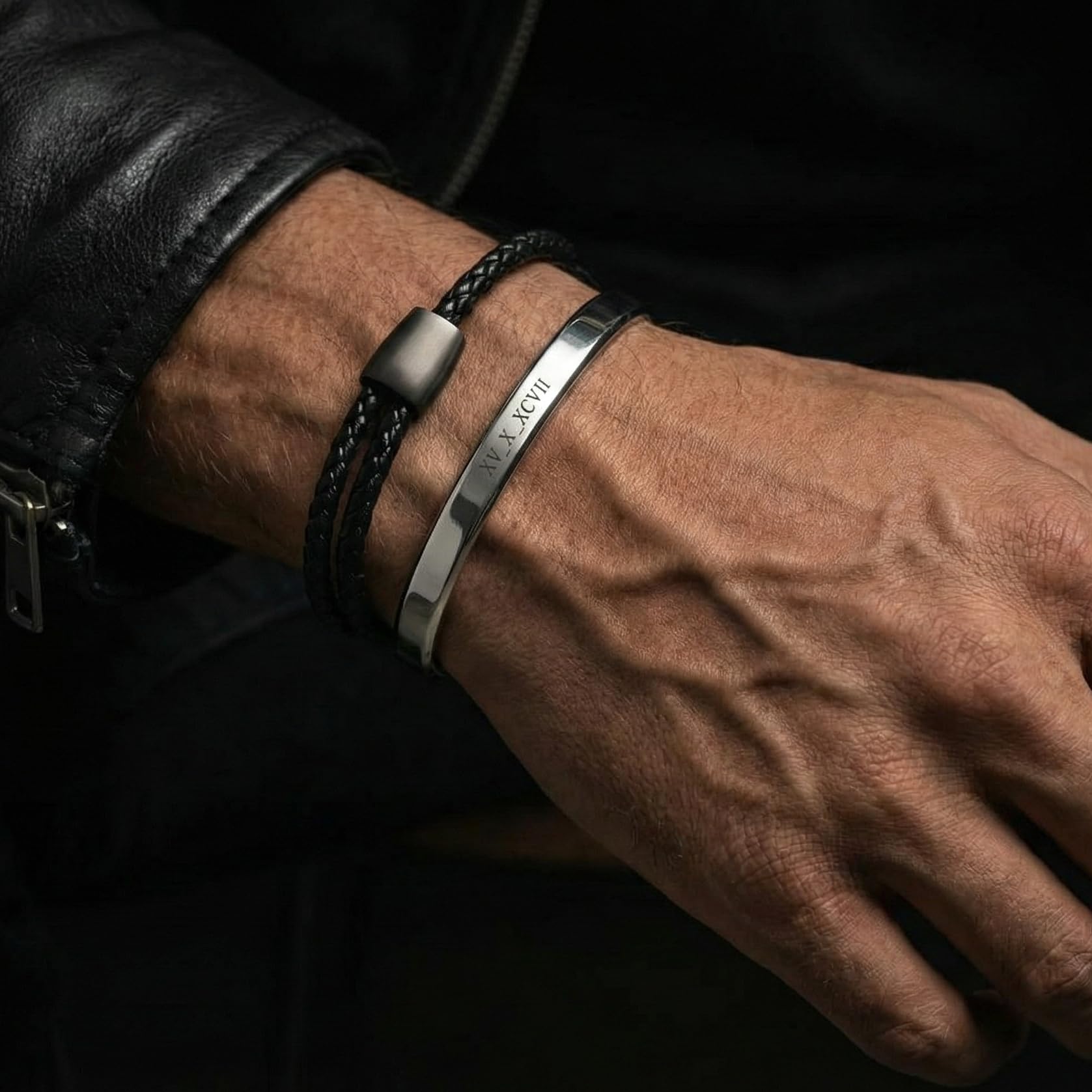 Forge & Foundry Bracelet réglable en cuir tressé noir pour homme | Fermoirs coulissants noirs mats, taille unique, Cuir, Pas de gemme