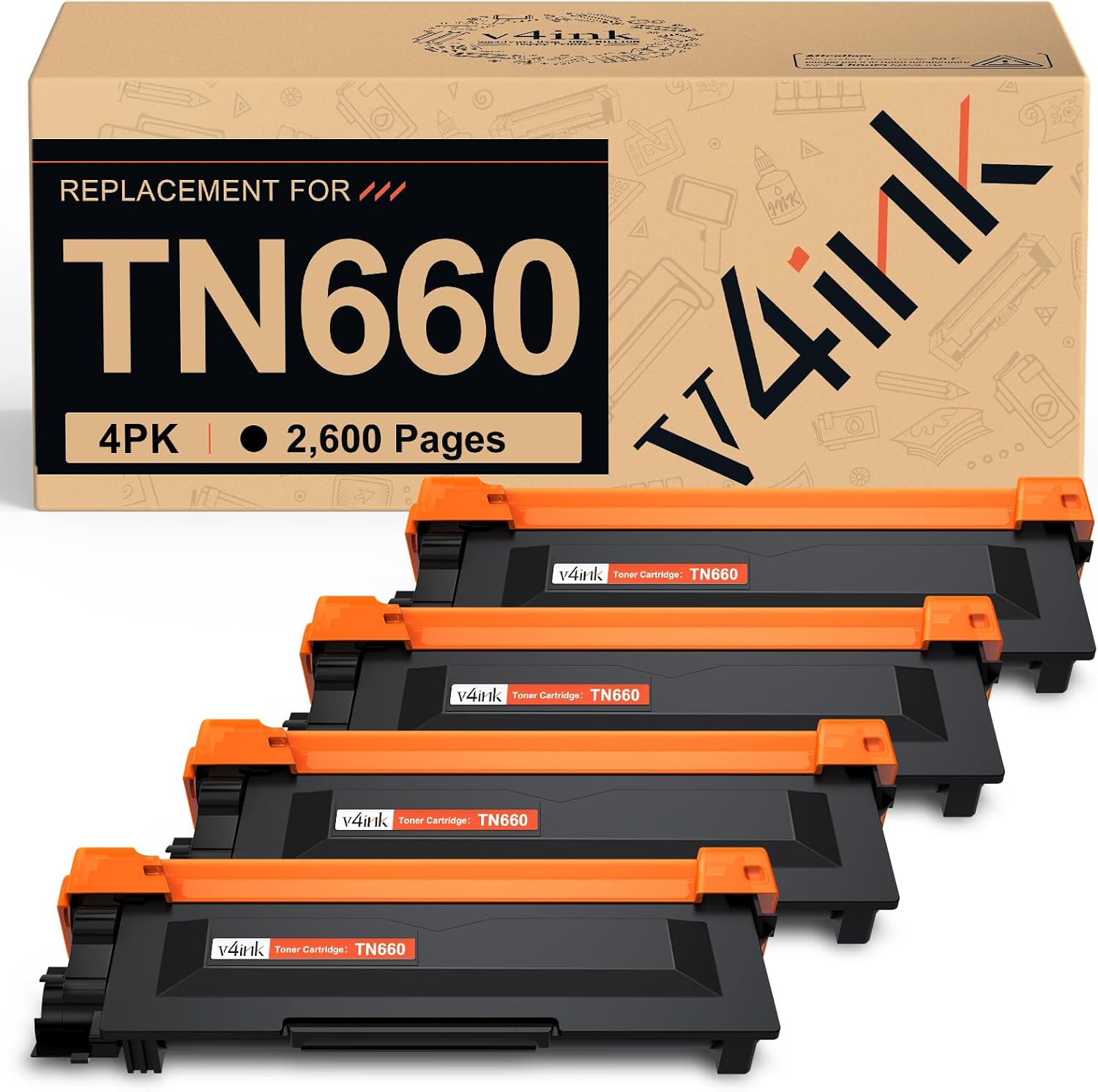 v4ink TN660 Toner Compatible Replacement for Brother TN660 TN-660 TN630 TN-630 Toner Cartridge Black for Brother Printer hl-l2300d hl-l2320d hl-l2380dw dcp-l2540dw mfc-l2700dw mfc-l2740dw 4-Pack