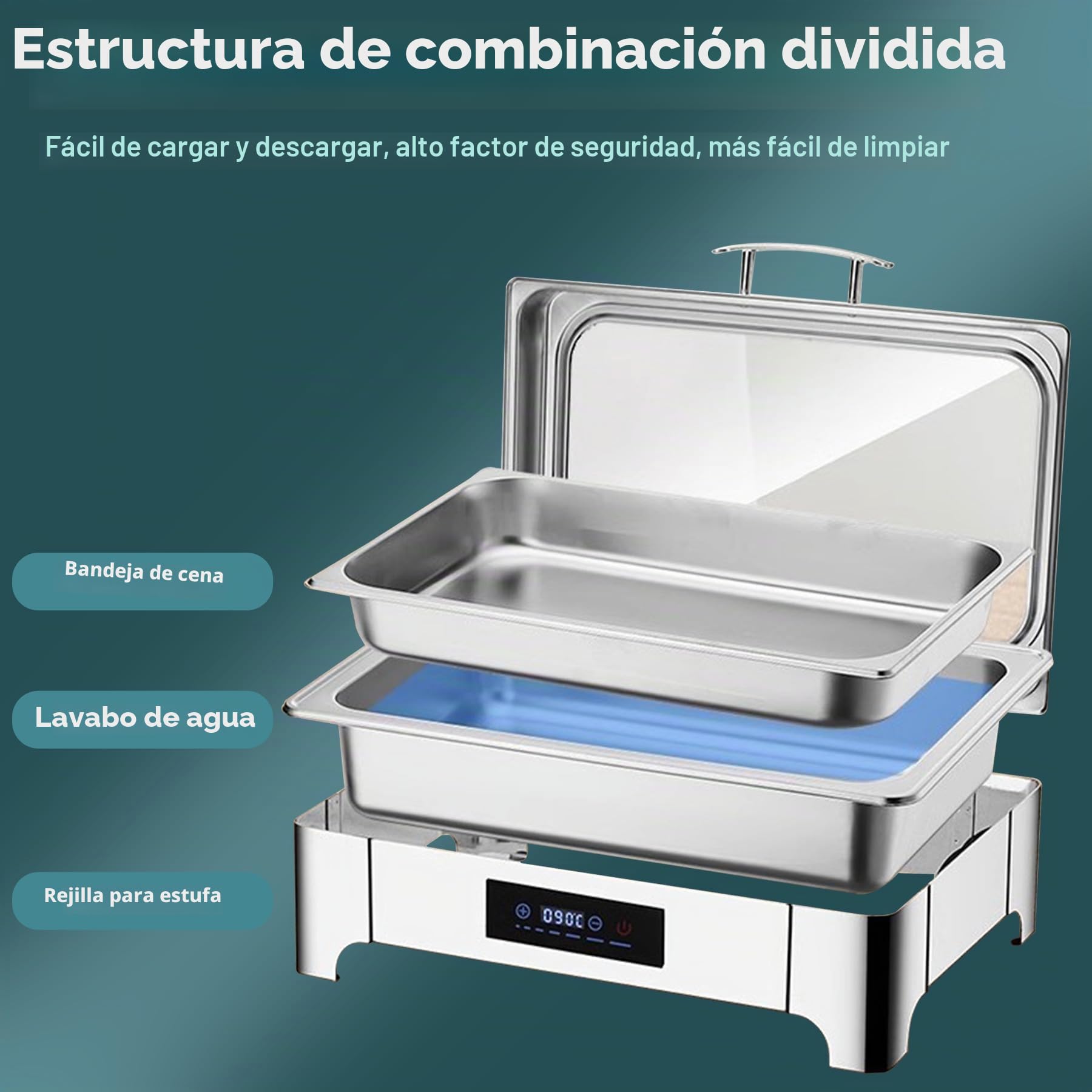 Chafing Dish Electrico, 9L Calentador de Buffet in Acero Inoxidable | Calentador de Comida Electrico con Controles Táctiles y Tapa de Cristal para Buffet y Fiestas, Temperatura Regulable