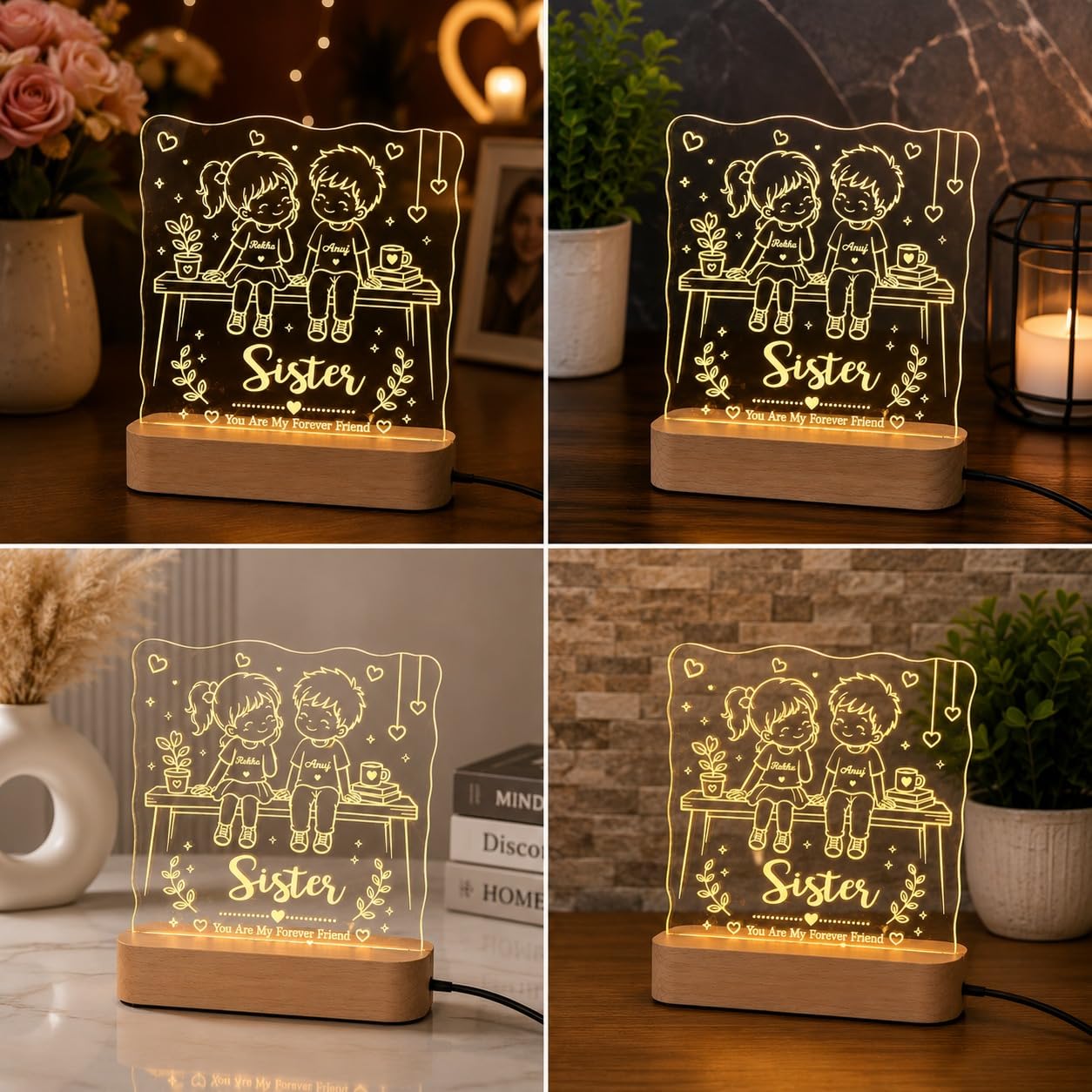 Personalized Acrylic Photo Light with Name | Custom Engraved LED Display for Brother & Sister | Warm White Illuminated Memory Keepsake with Wooden Base (Sister Lamp)-image-29
