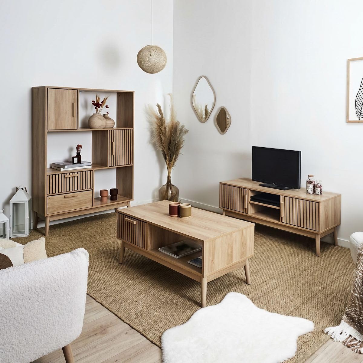 AltoBuy PAJAN - Ensemble Salon Complet Effet Bois avec Tasseaux