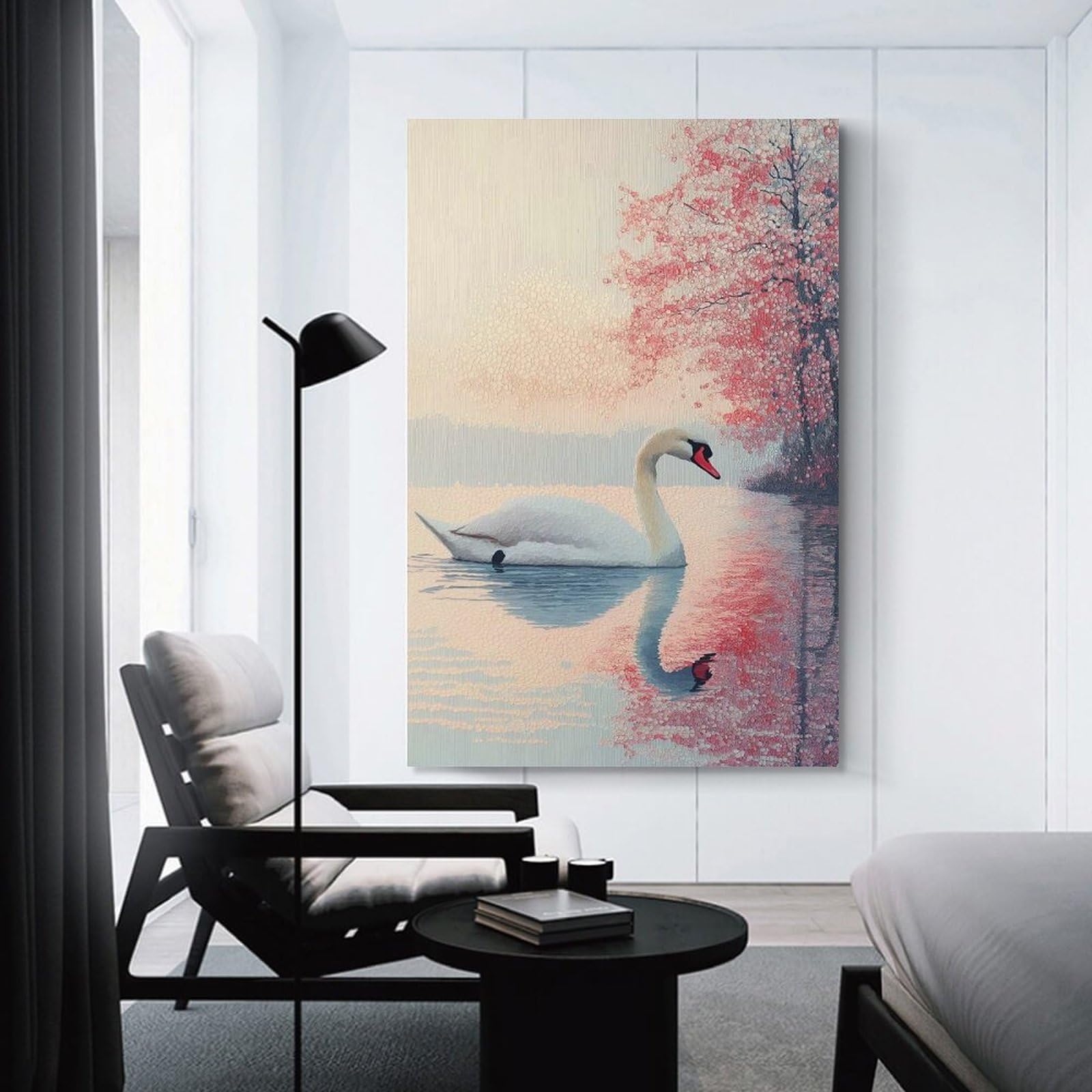Wall Art Print Swan in A Pink Floral Lake, 20x30inch(50x75cm), for Study, Office Or Focused Interiors, Decorative Artwork for Productive Spaces