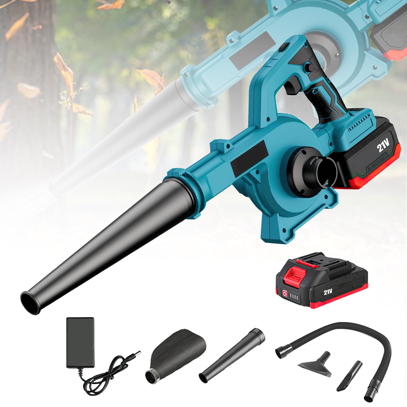 Soplador de hojas inalámbrico | Con 2 x 7500 mAh, 21 V, motor de cepillo potente 1000 W, 15 000 rpm, para jardín, callejones y terrazas
