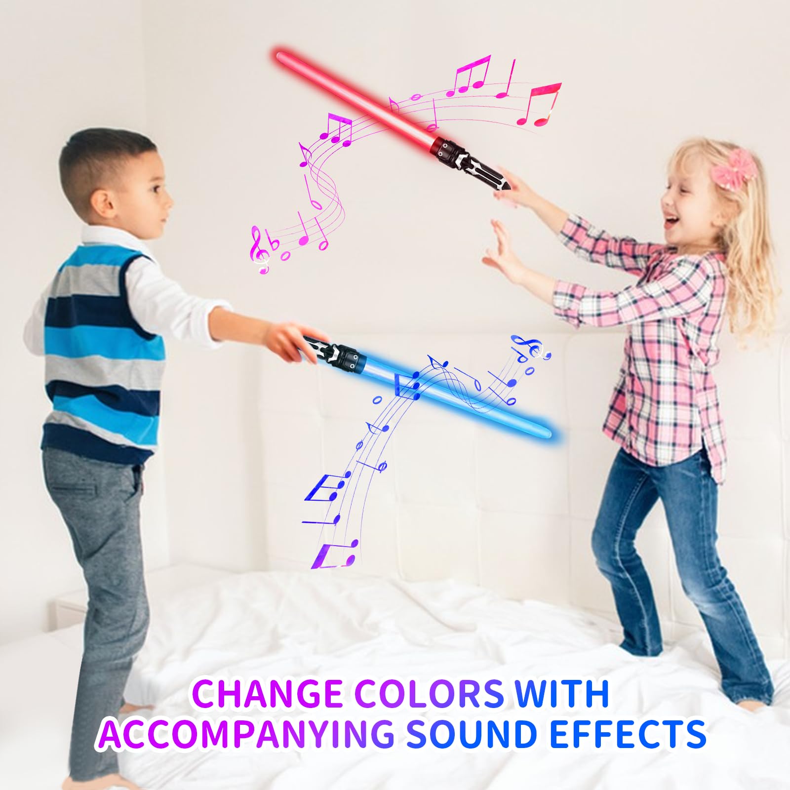 SUFANG 2 Pièces Sabre Laser pour Enfants 2 en 1 Sabre Laser Lumineux 7 Couleurs Sabre Lumineux Epées Laser à LED avec Son Epées Laser Télescopiques Cosplay Fête d'anniversaire Cadeaux
