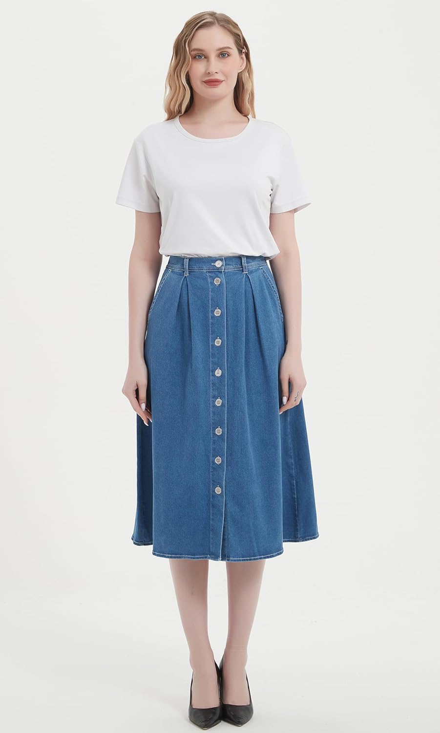 Tronjori Womens A Line Long Midi Denim Skirt with Button Front