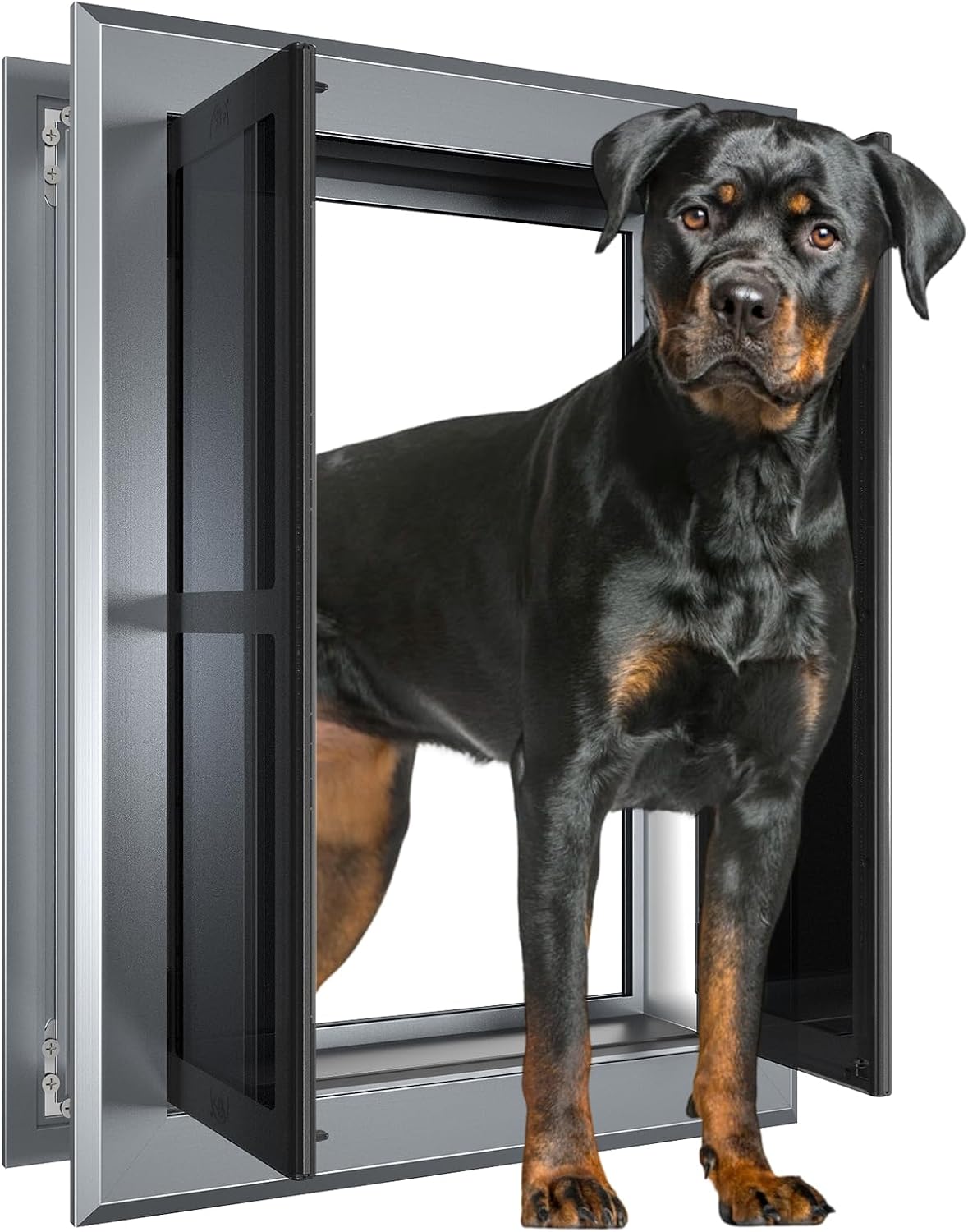 Aluminum French Large Dog Door, Heavy-Duty with Strong Double Magnetic Flaps & Aluminum Telescoping Tunnel, for Large/Medium Dogs Up to 110LBS - Black