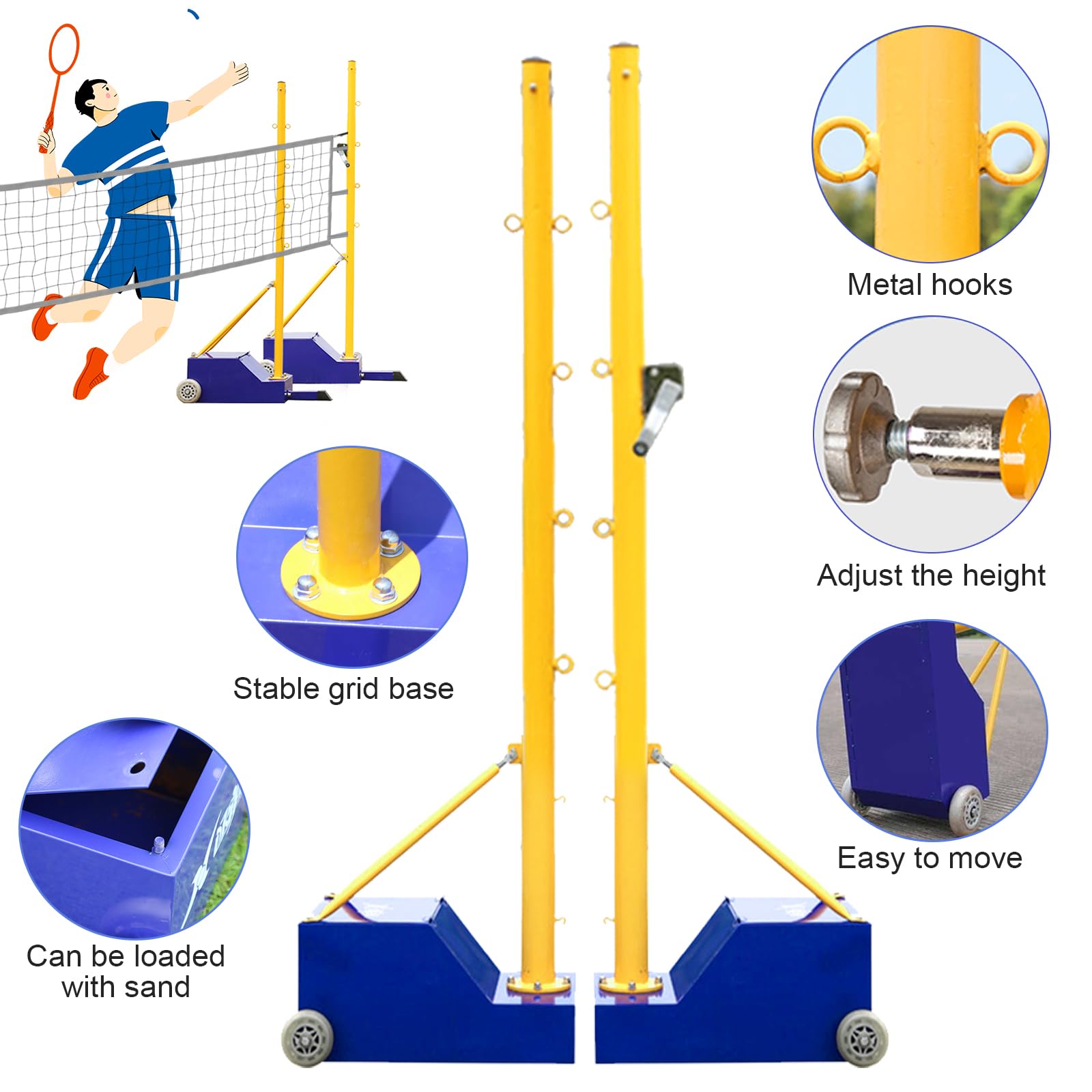 Outdoor/Indoor 5ft-6.8ft Volleyball Poles with Training net and Badminton net for Backyard with Wheels Adjustable Height for Men,Women,Adult,Youth,Kids