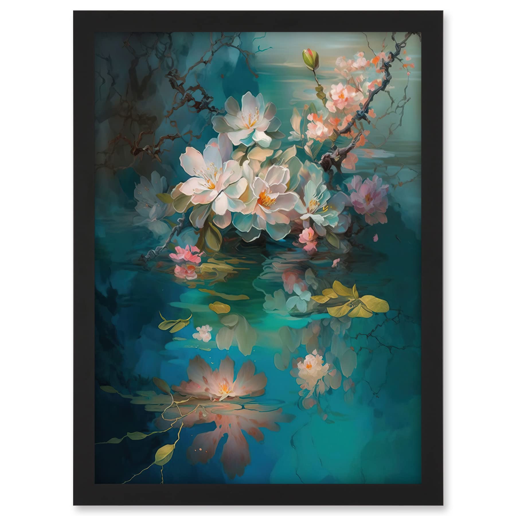 Artery8 Low Hanging Cherry Blossom Branch in River Stream Modern Watercolour Painting Artwork Framed A3 Wall Art Print