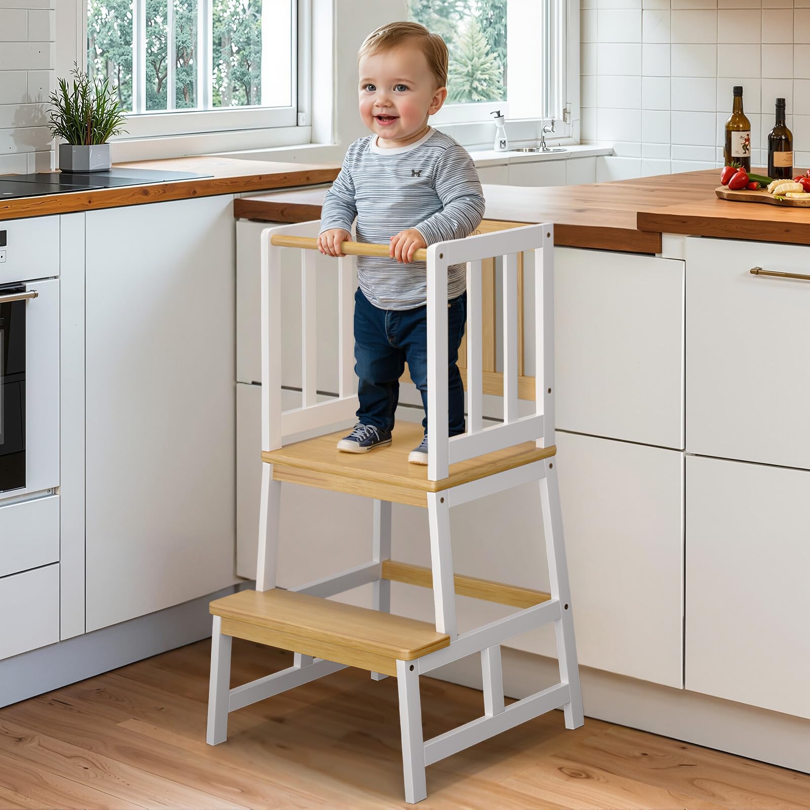 COSYLAND Torre Montessoriana Bambini – Torretta Montessoriana A Forma di “A” con Pedana Centrale Rinforzata – Torre Montessoriana da Cucina o Bagno, Convertibile in Doppio Sgabello – Bianco e Naturale