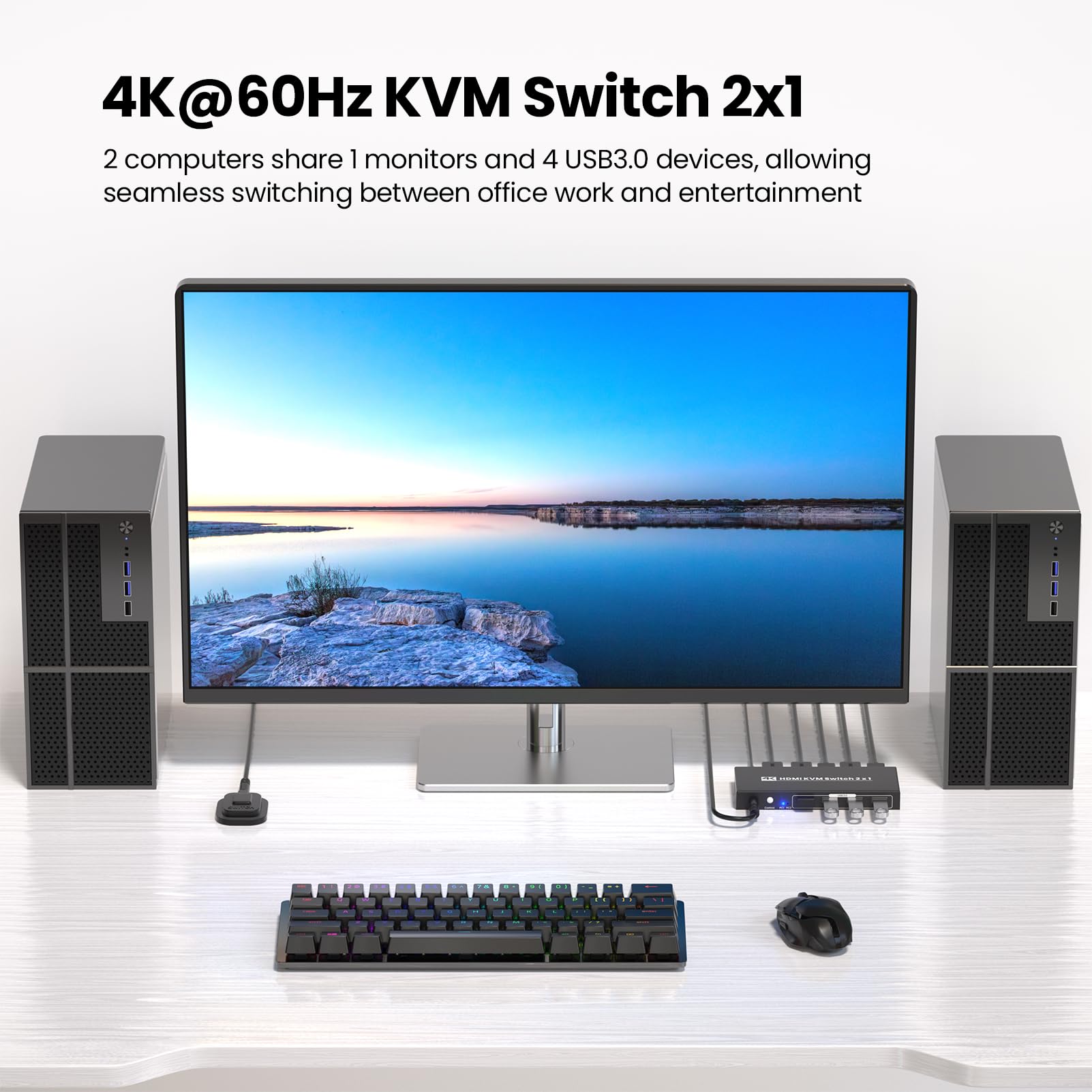 Przełącznik HDMI KVM 2 PC 1 monitor, USB 3.0 4K60Hz 2 porty KVM Switch, 2 komputery PC dzielą się 1 monitor i 1 zestaw myszy klawiaturowej, 4 porty USB 3.0 do urządzeń peryferyjnych