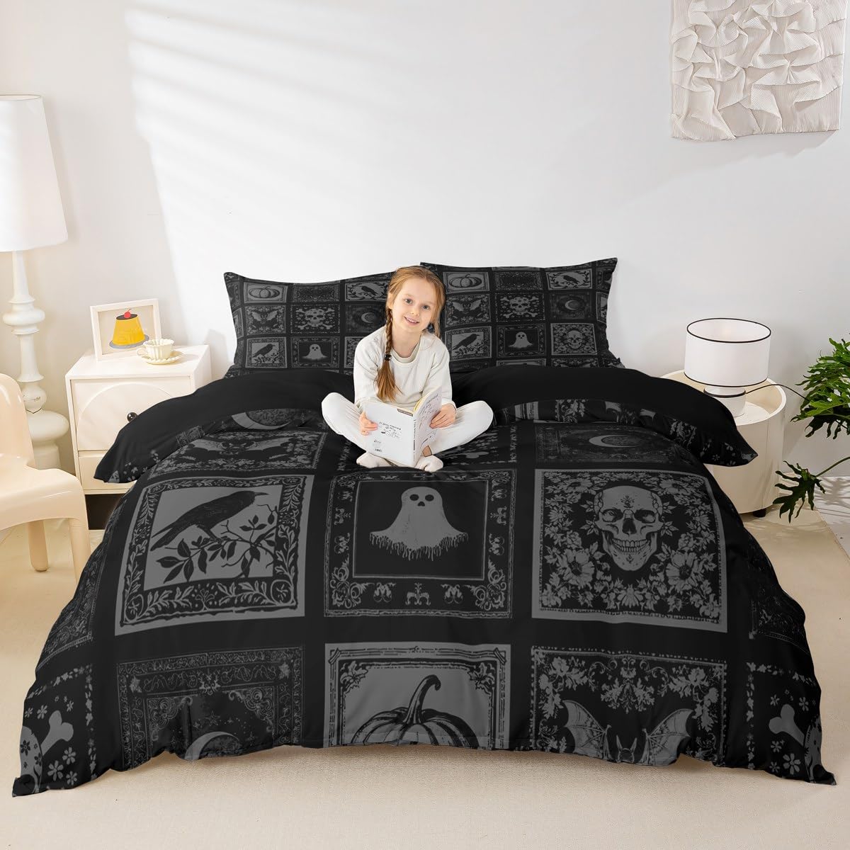 Gothic Skull Duvet Cover Single Size for Kids Boys Men Teens,Halloween Bats Crow Ghost 2 Pcs Quilt Cover,Rustic Farmhouse Splicing Soft Bedding (Not Comforter),Grey Black Comforter Cover