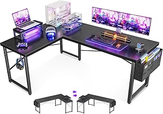 CasaottimaL Shaped Computer Desk with Storage Bag, 57.5 Inch Reversible Gaming Desk, Home Office Corner Desk with Monitor Shelf, Space-Saving Writing Workstation Table, Classic Black