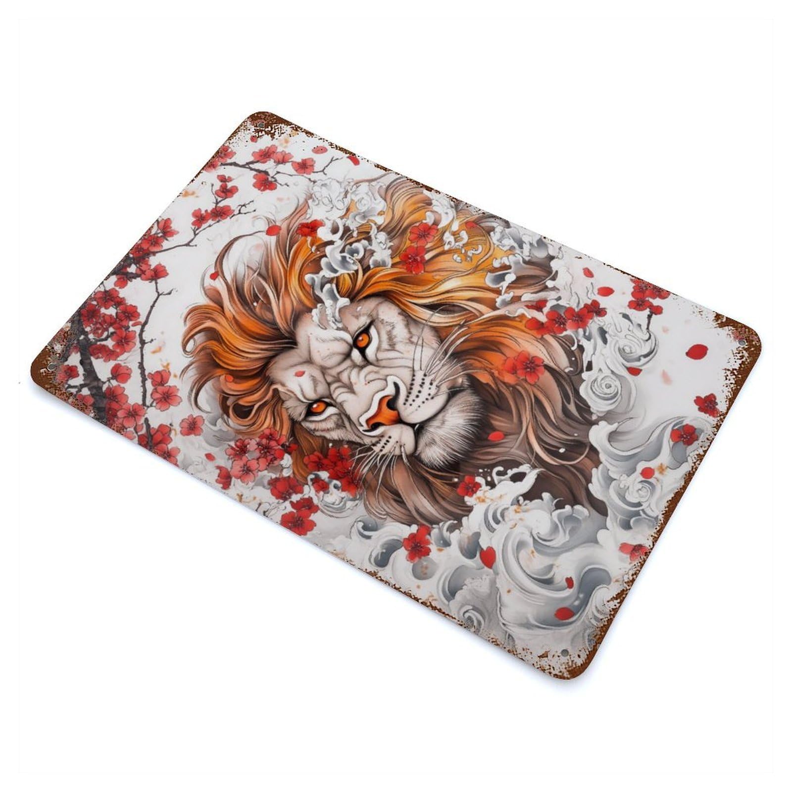 Rust Effect Japanese Lion Tattoo Weathered Tin Sign 11.8"x7.9", Novelty Wall Decor for Office, Studio And Wall Decor