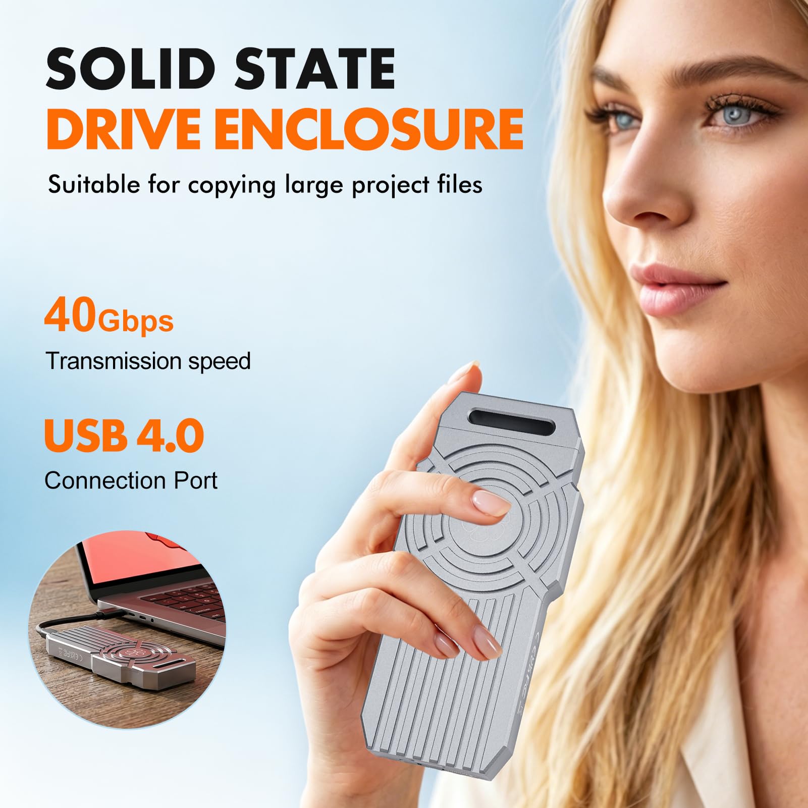 NVMe M.2 USB 4.0 SSD adapter obudowy z wentylatorem, aluminiowa obudowa, kompatybilny wstecznie z USB 3.2, maks. 8 TB na dysk, nadaje się do komputerów i smartfonów bez użycia narzędzi (srebrny