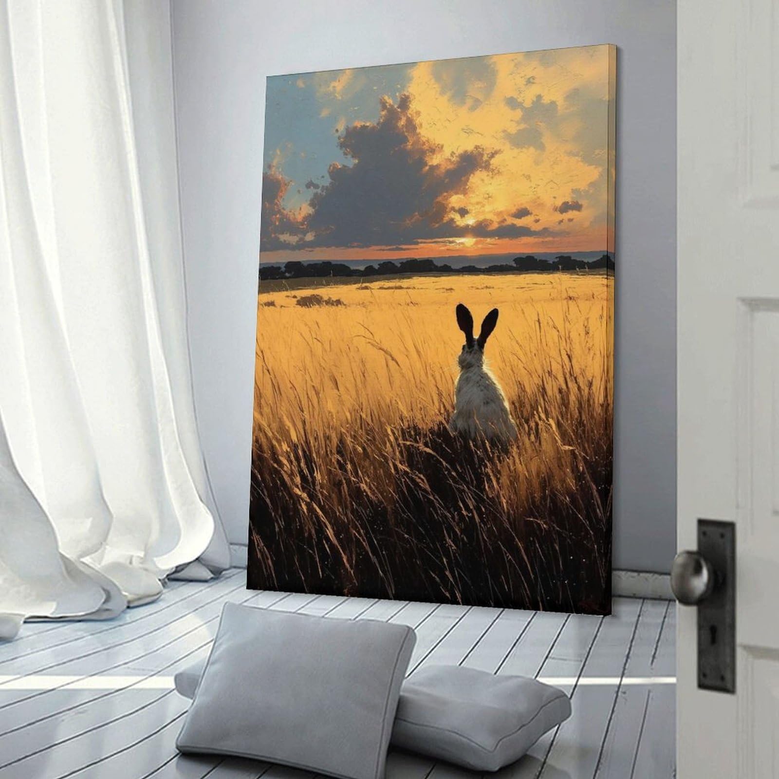 Junmoney Hare in Golden Field at Sunset Canvas Art Print 24x36inch(60x90cm), for Feature Walls in Flats Or Modern Rooms, Ideal for Building A Coordinated Art Wall