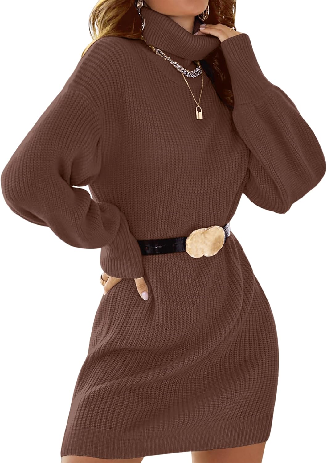 SunnyMelody Womens Turtleneck Sweater Dress Fall Winter 2025 Trendy Long Lantern Sleeve Casual Knit Pullover Mini Dresses