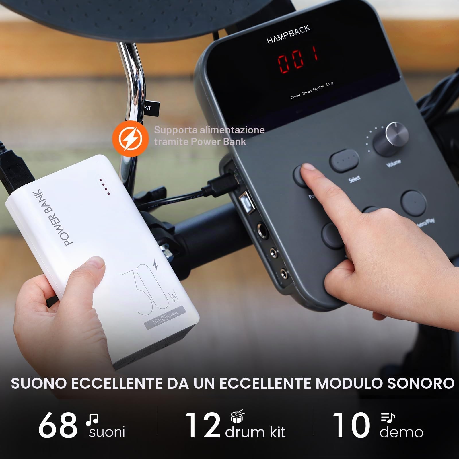 HAMPBACK MK-0 PRO - Batteria elettronica con 4 pad in mesh silenziosi, 3 piatti in gomma, cassa, 12 kit e 68 suoni autentici, USB MIDI, sgabello, bacchette, cuffie, 2 pedali per principianti, bambini