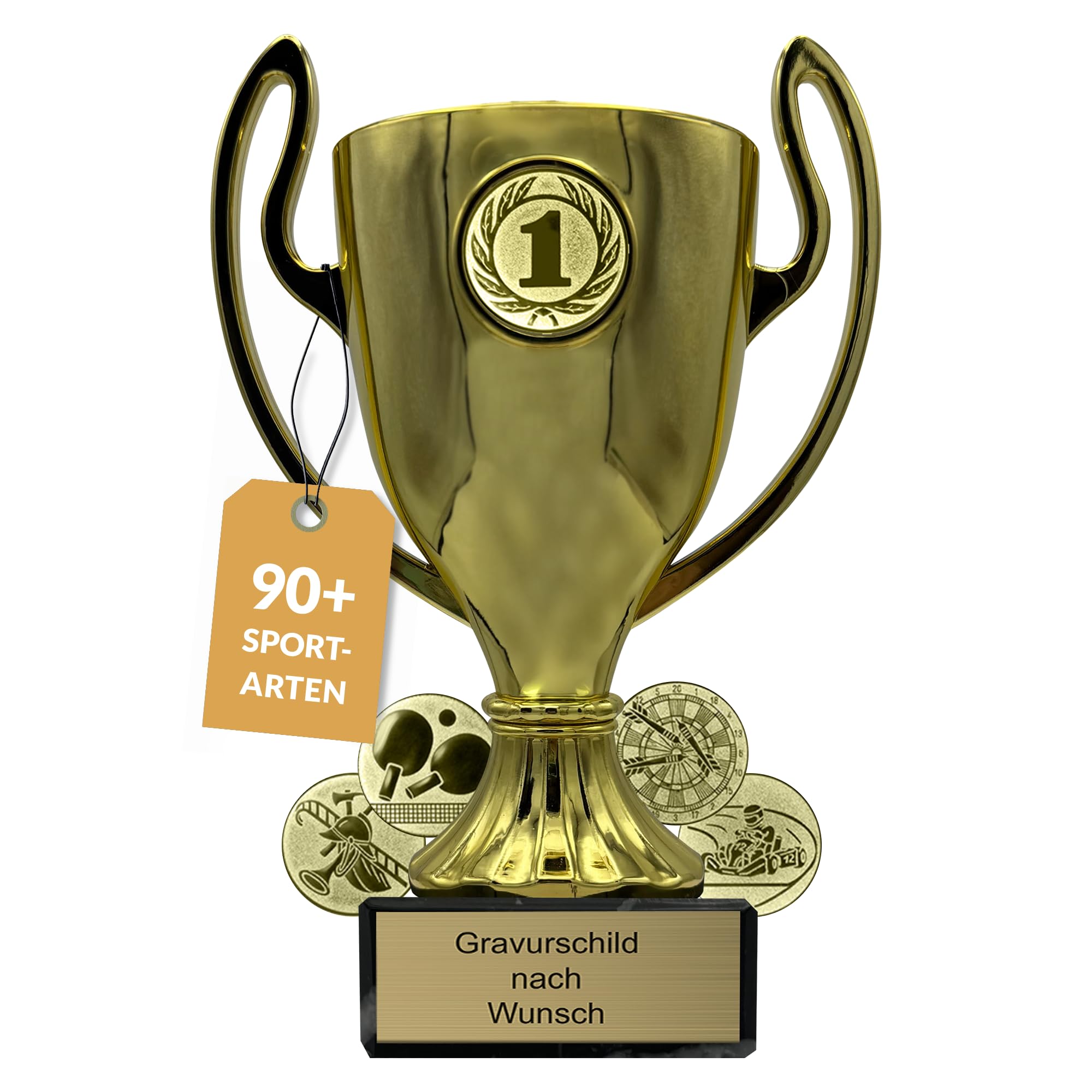 Pokal-Fabrik Pokal mit Gravur Wunschtext – Gold Trophäe mit Sportart Emblem nach Wahl – Personalisierte Auszeichnung für Fußball WM & Sport Events – 16/18/20 cm inkl. Marmorsockel