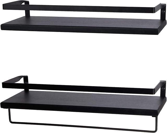 Peter's Goods Modern Floating Shelves with Rail - Wall Mounted Bathroom Wall Shelves with Towel Bar - Also Perfect for Bedroom Decor and Kitchen Storage - Solid Paulownia Wood Shelf Set of 2, Black