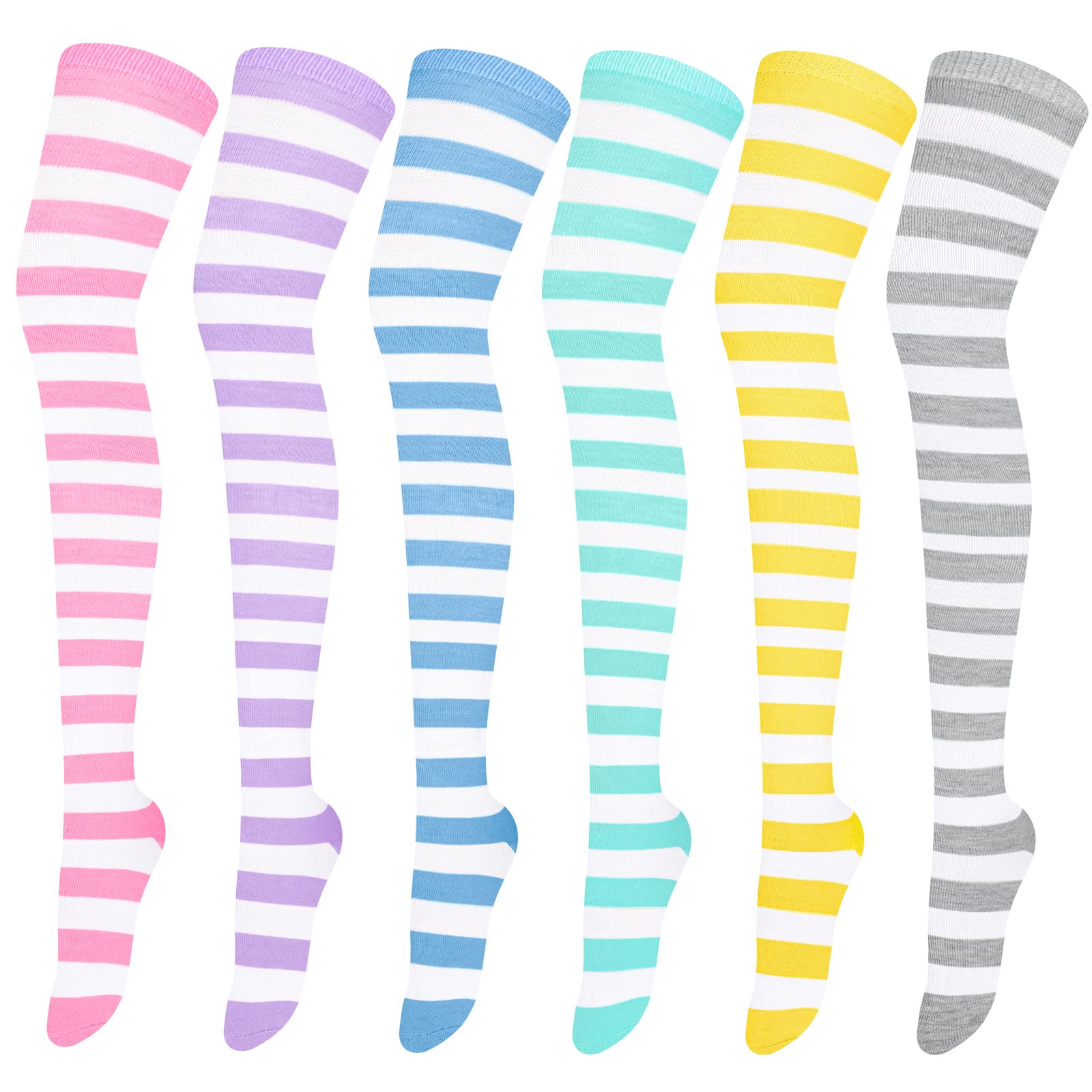 Apoway 6 Pairs Extra Long Striped Thigh High Socks Over the Knee Socks Tube Socks Warm Thigh High Stockings for Women - Light Green,yellow,multicolor