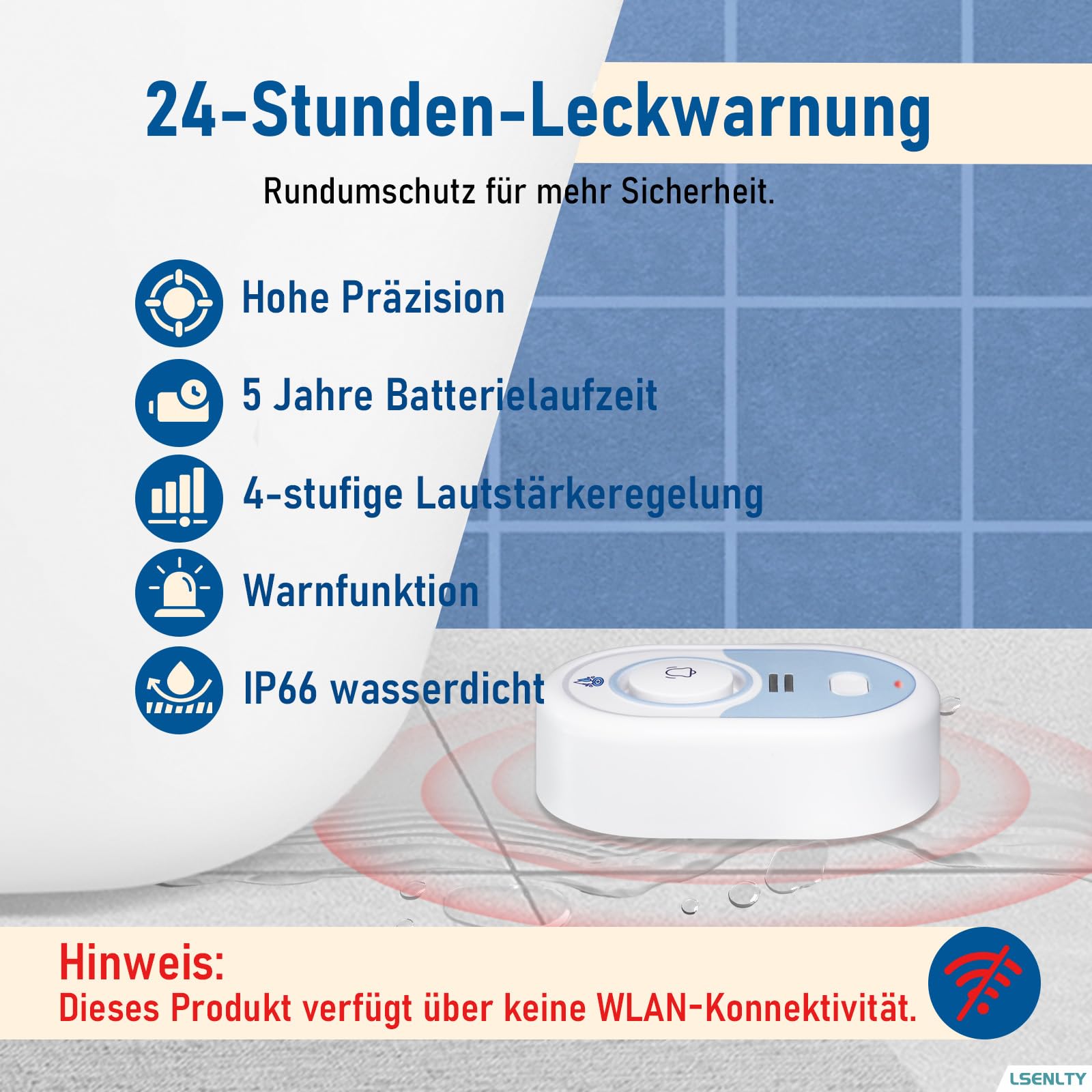 LSENTLY Wasserleck-Detektor – 5 Jahre Standby-Zeit, LED-Anzeige & 100 dB Leckalarm, Selbsttest-Funktion & Batteriewarnung, IP66 wasserdicht – für Zuhause, 5er-Pack (Keine WLAN-Verbindung möglich)