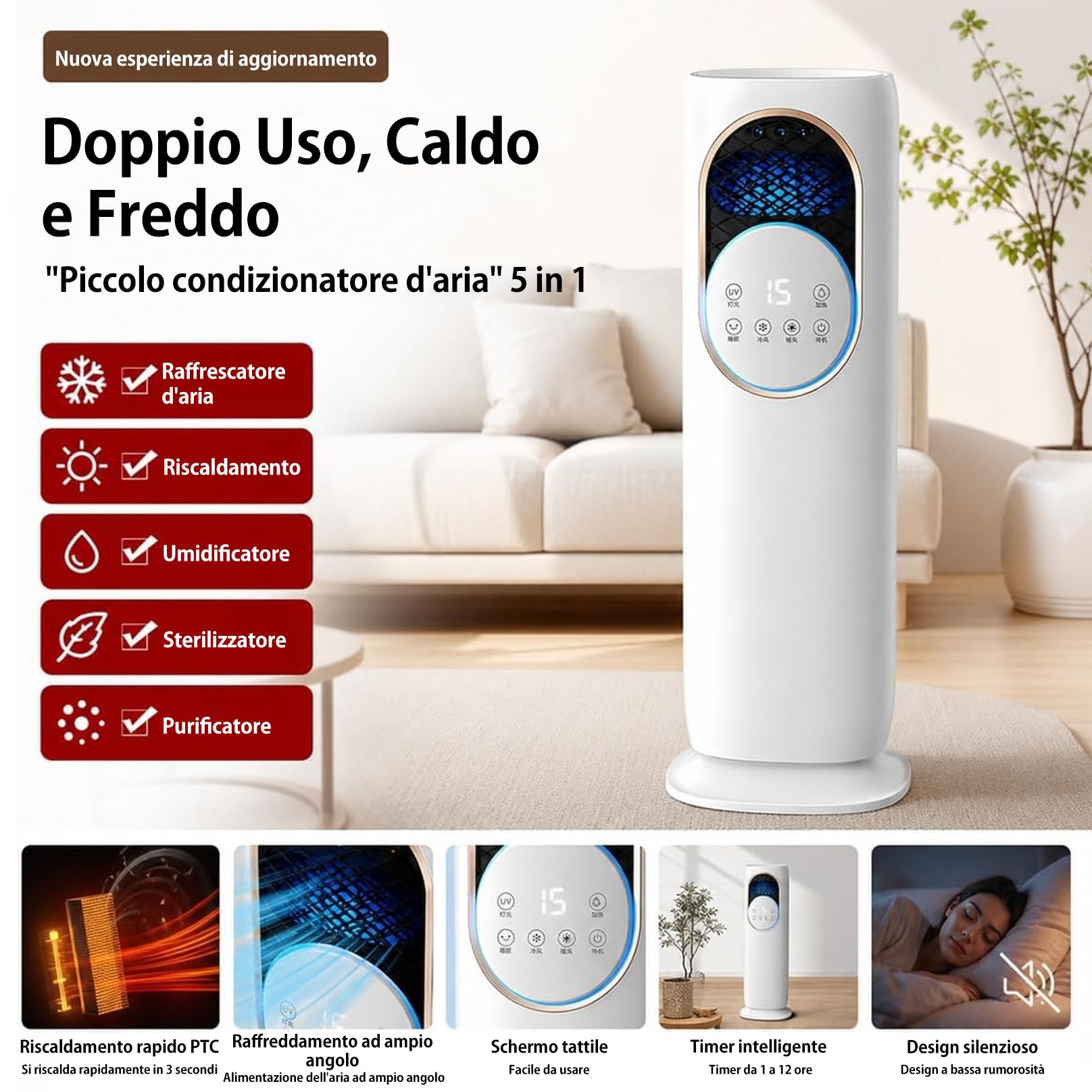 Condizionatore Portatile Silenzioso, Raffrescatore Portatile, Raffreddatore d'aria, Climatizzatore con Nebulizzazione, Timer 1-12H, Controlli Tattili e Telecomando, per Casa Ufficio Camere