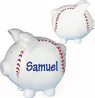 Boy's Piggy Bank - Hand Painted Personalized Large White Ceramic Piggybank (Baseball)
