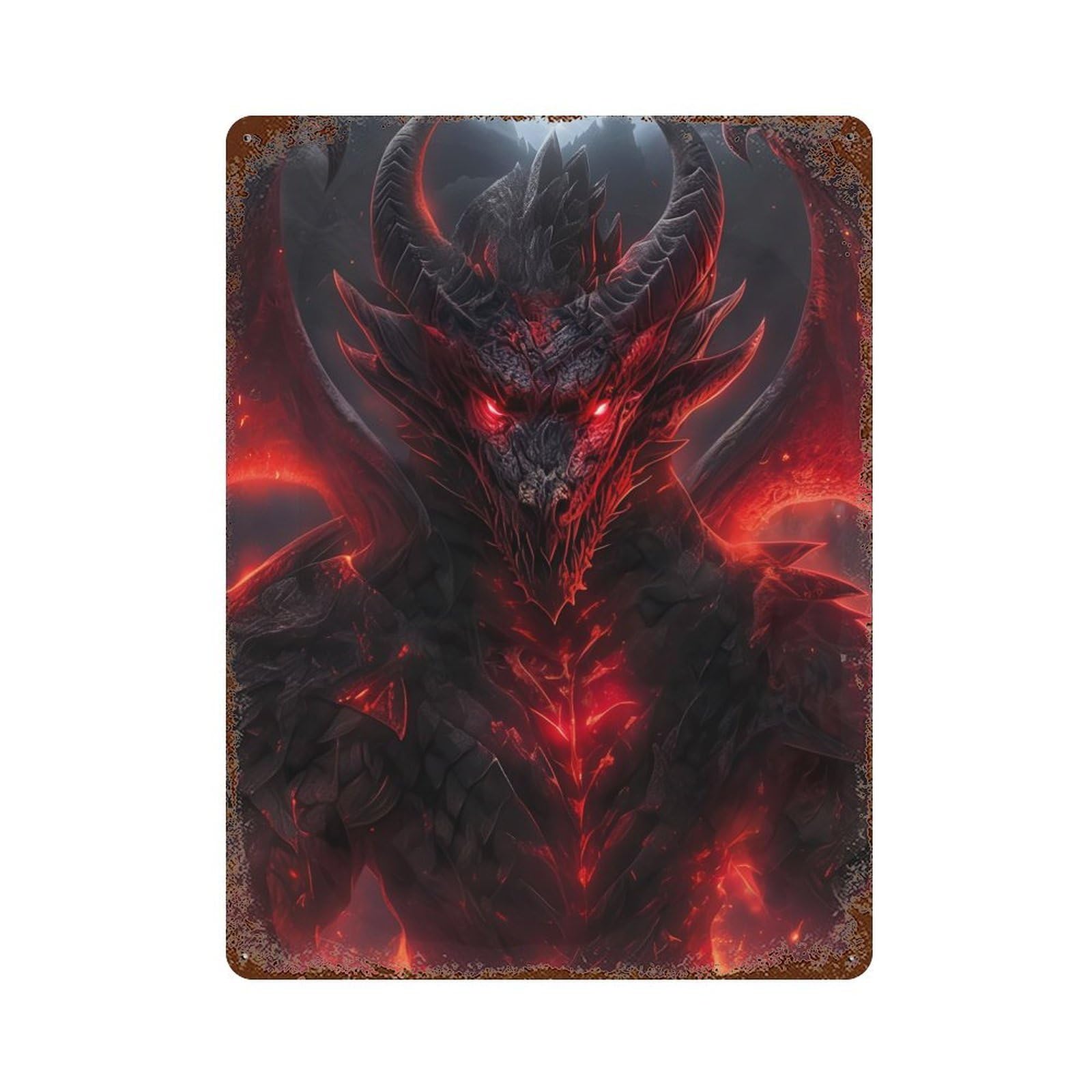 Red Fiery Evil Dragon 15.7"x11.8" Aged Metal Wall Plaque, Novelty Wall Decor for Garage, Bar And Workshop Decor