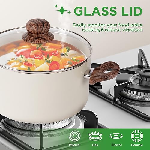 Miniatura 6 de Juego de 23 ollas y sartenes antiadherentes, con sartén, cacerola, sartén, juego de cocina ligero con asas de impresión de madera que se mantienen