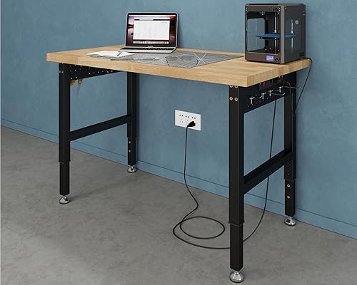 Miniatura 8 de SPECRAFT Banco de trabajo ajustable resistente con 4 salidas de CA y 2 puertos USB, capacidad de 2000 libras, parte superior de madera de goma para