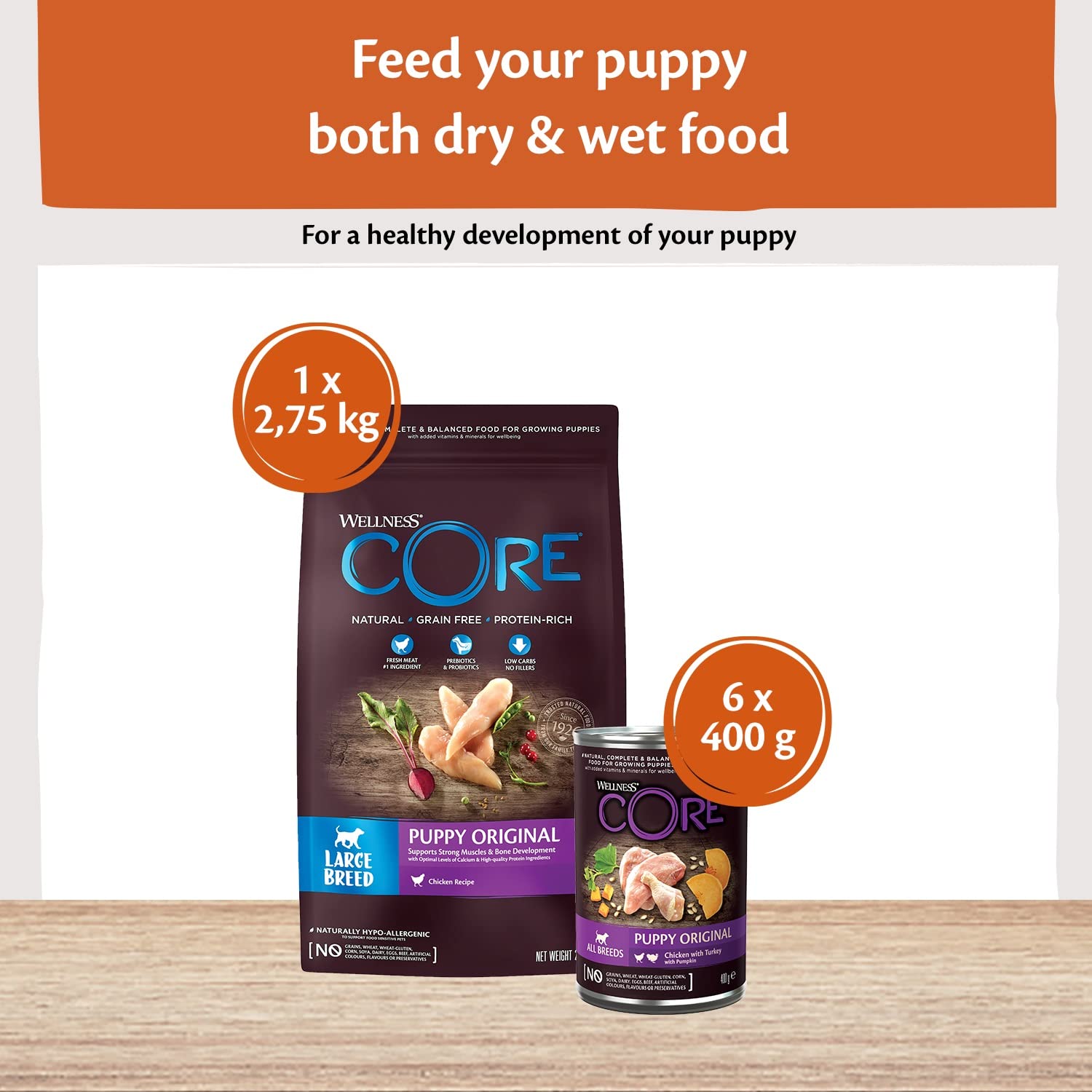 Wellness CORE Puppy Starter Pack, Probierpaket mit Welpenfutter trocken & nass für Kleiner & mittelgroßer Rassen, getreidefrei, hoher Fleischanteil, Pute & Huhn