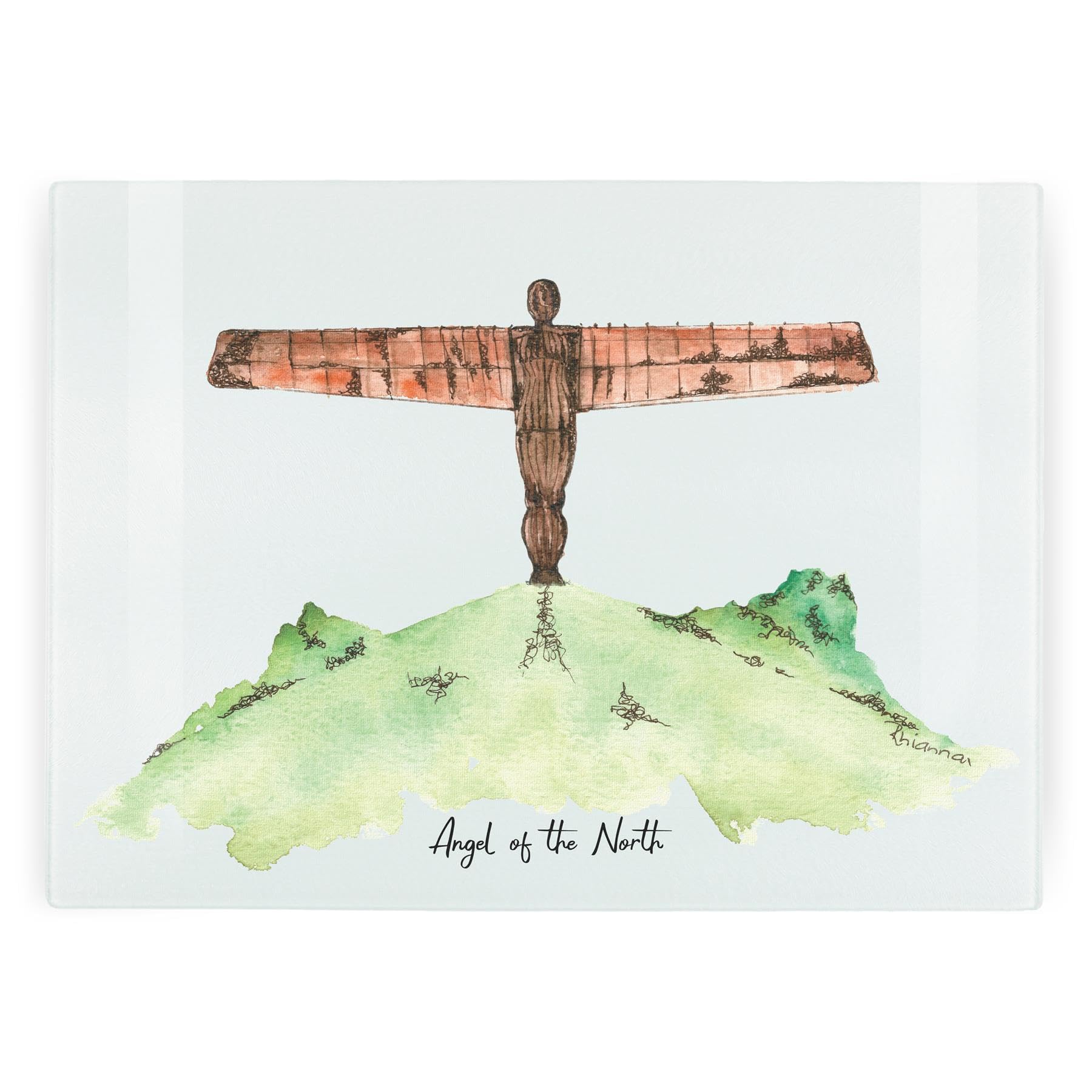 Angel of The North Rectangular Large Glass Worktop Protector - Rhiannon Chauncey English Landmarks Design - Textured Kitchen Chopping/Cutting Board Worktop Saver Non-Slip Feet 39 x 28.5cm (15" x 11")
