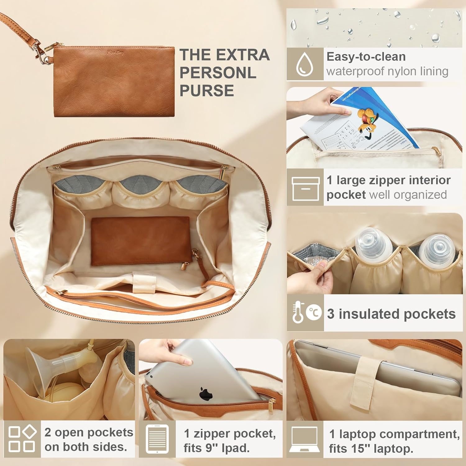 miss fong Diaper Bag Tote, Baby Bag,Leather Diaper Bag,Baby Tote Bag with 9 Pockets,Large Mommy Bag with Small Purse and Shoulder Strap,3 Insulated Pockets-Brown