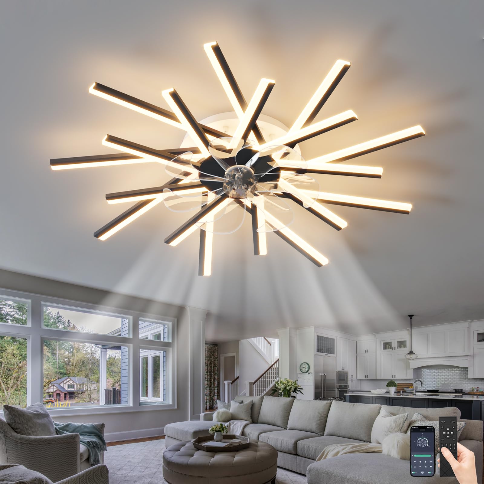 SXDMOUBK 6 Wind Speed Ceiling Fans with Lights and Remote Control Silence Chandeliers Ceiling Light Dimmable Reversible DC Fan Light Ceiling for Living Room Bedroom-Black||92cm