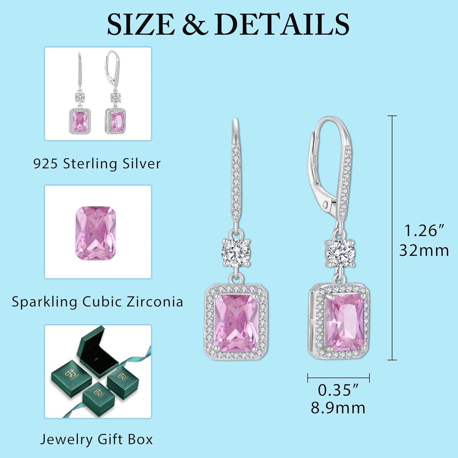 FJ Princess Cut Dangle Drop Earrings 925 Sterling Silver Square Halo Leverback Earrings Birthstone Jewelry for Women - Image 6