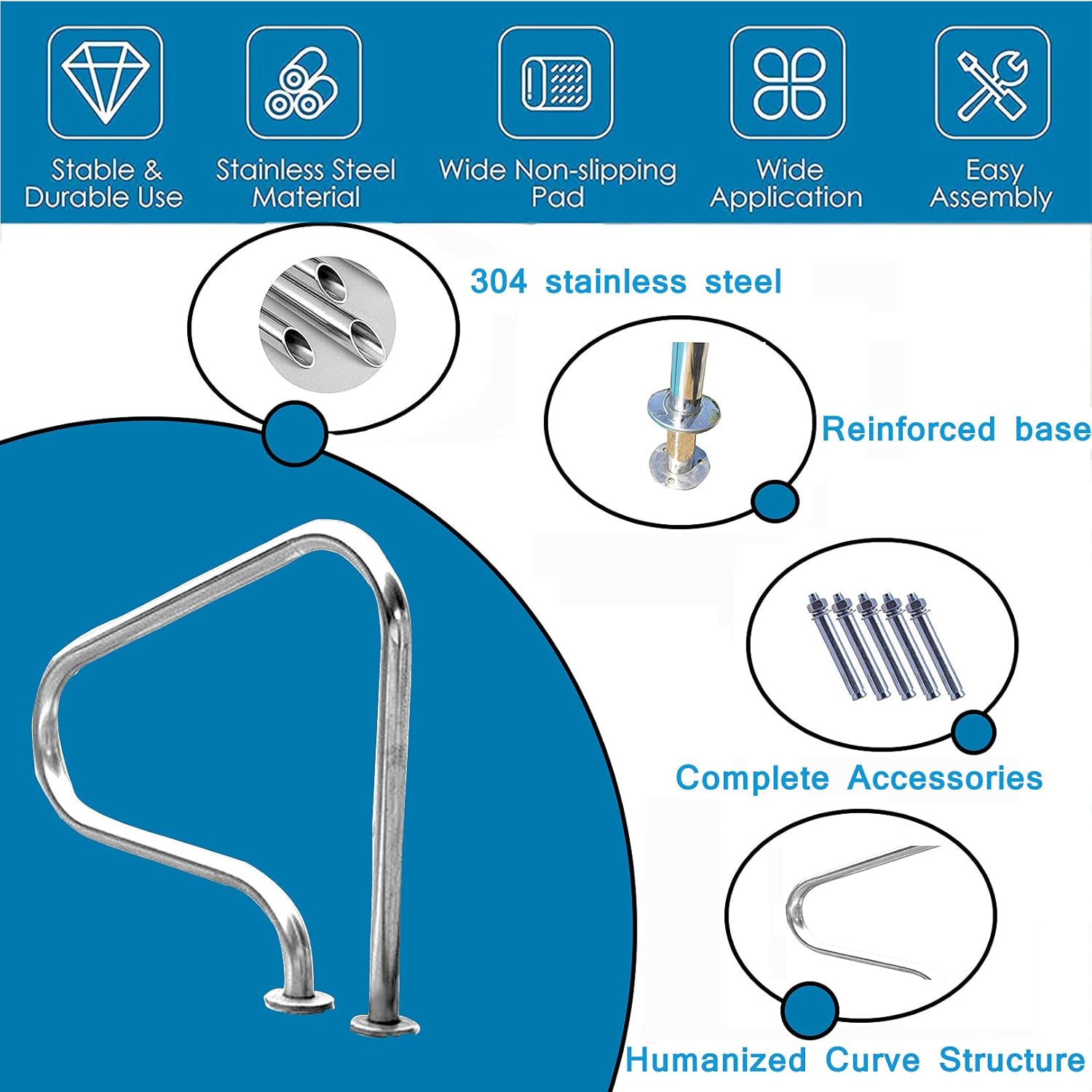 Swimming Pool Safety Hand Rail Pool Safety Handrails 304 Stainless Steel Swimming Pool Ladder Step Handrail Easy to Install Hand Grab Rail w/Screw Accessories(1PCS)