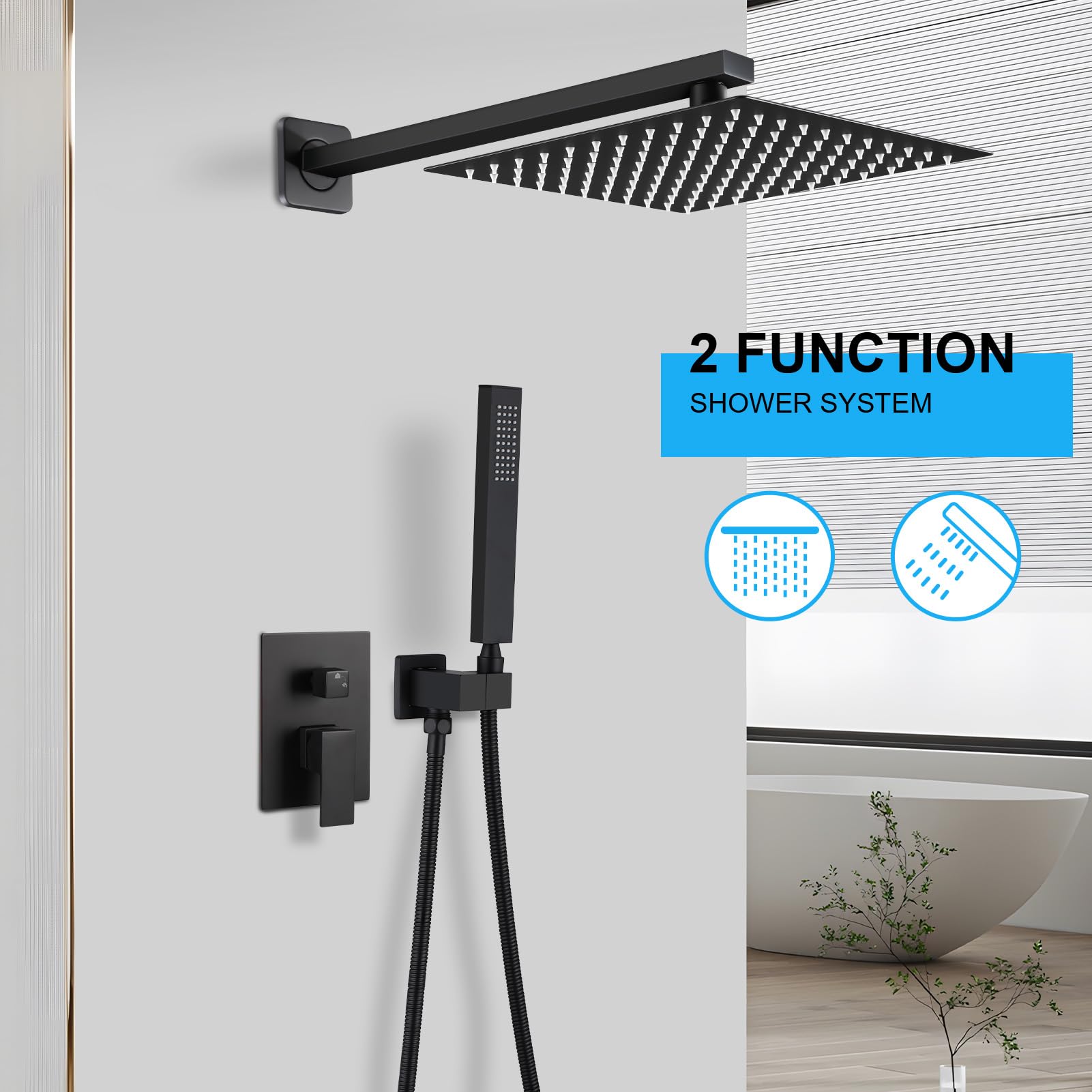 SFS-1060-BK10 10'' Dual Rainfall Shower System With 3-Spray Patterns, Ceiling Mounted And Rough-in Valve - View #8